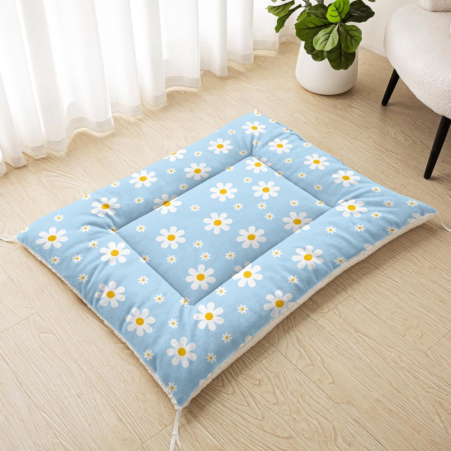 Blue Daisy 정형외과 강아지 침대 매트(76.2cm x 66cm(30x26인치)), 크레이트용 편안한 강아지 켄넬 패드, 세탁 가능한 크레이트 소파 베드 인쇄, 소형, 중형, 대형견 고양이용 수면 매트, 방수 패드 크레이트, 실외, 가정용