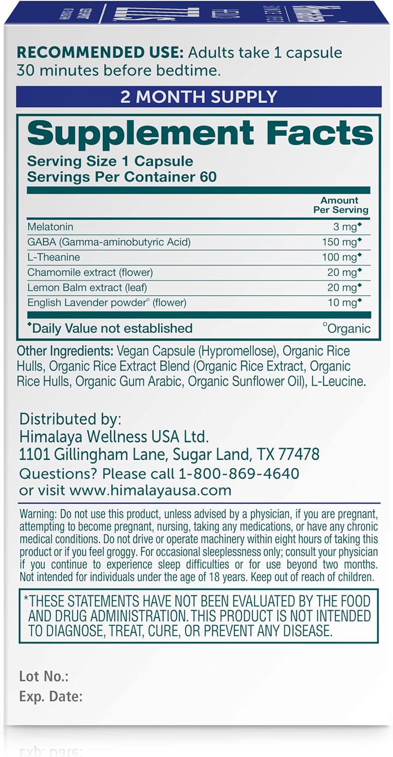 Himalaya Hello ZZZs, 60 Day Supply - Herbal Sleep Supplement with Melatonin, GABA, L-Theanine, Lavender, Chamomile and Lemon Balm - Vegan, Non-GMO, Gluten Free, 60 Capsules