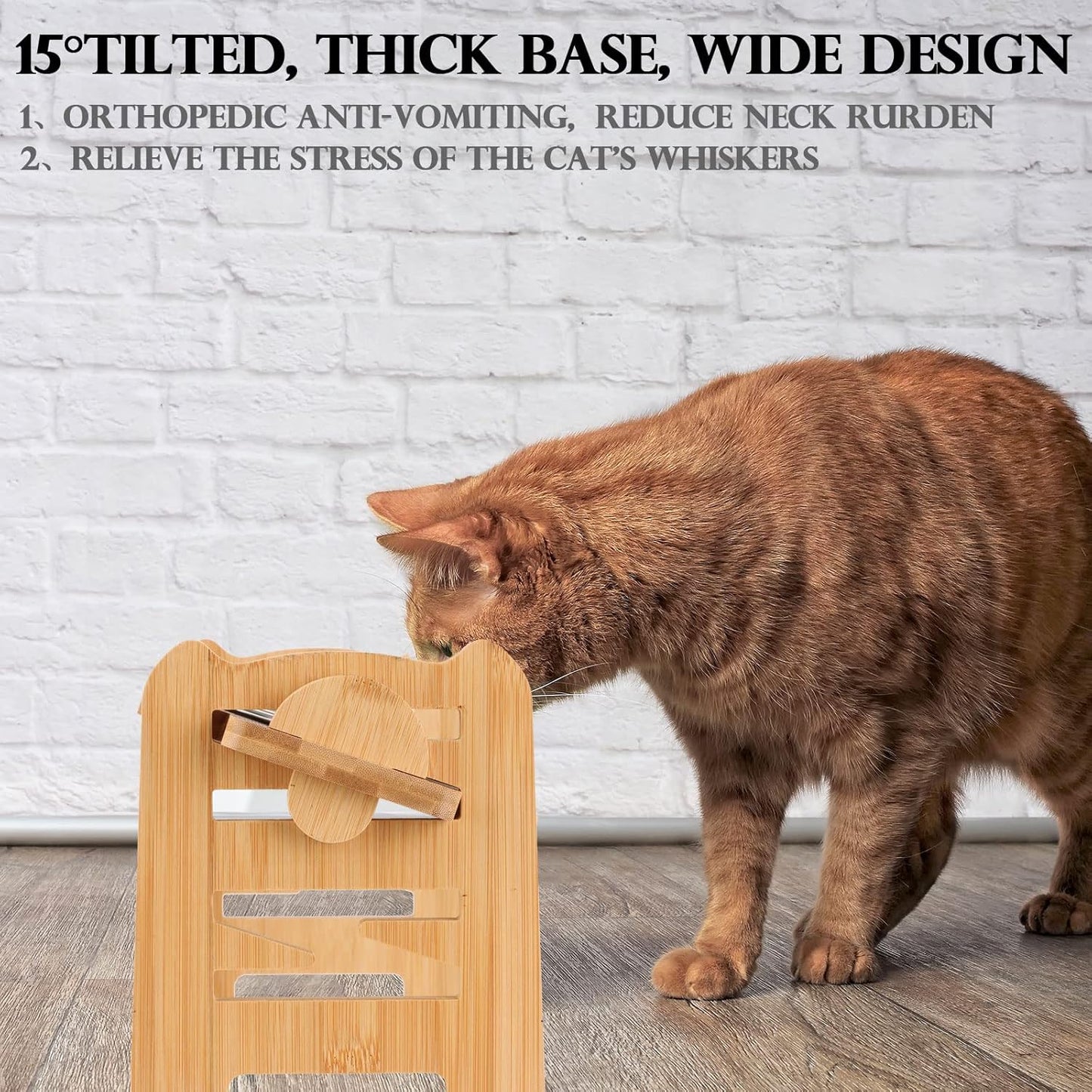 2 Set Elevated Dog Cat Bowls, 15 Tilted Raised Pet Bowl for Puppy and Cats Adjustable Dog Food Feeding Dishes Wood Stand Pet Feeder with Stainless Steel and Non Slip Feet