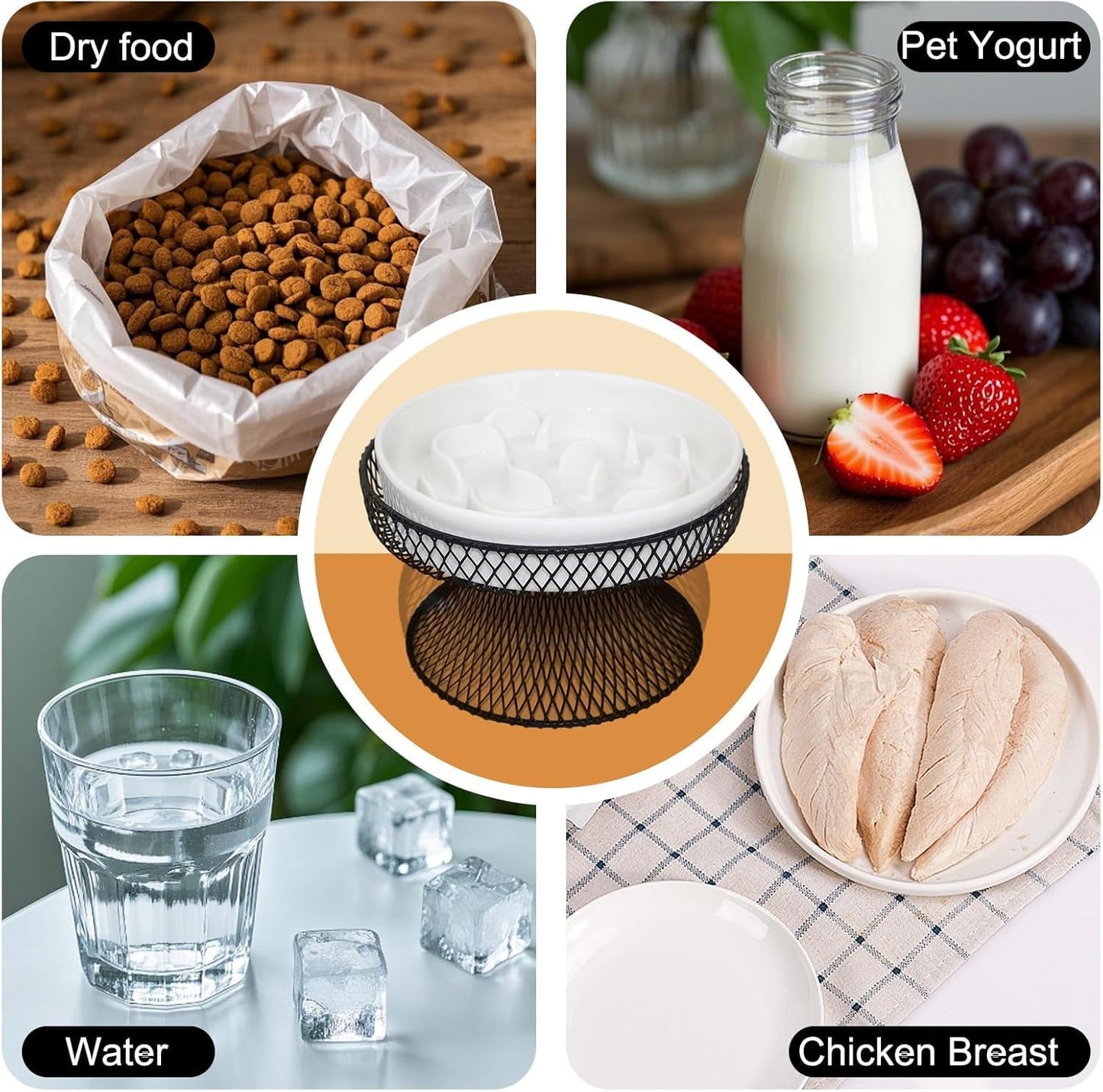 2PCS Raised Ceramic Cat Slow Feeder Bowl Elevated Food Bowl with Stand, Cat Slow Bowl for Wet Food and Dry Food,Slow Down Eating Speed, Whisker Friendly Pet Puzzle Feeder for Kitten and Small Dog