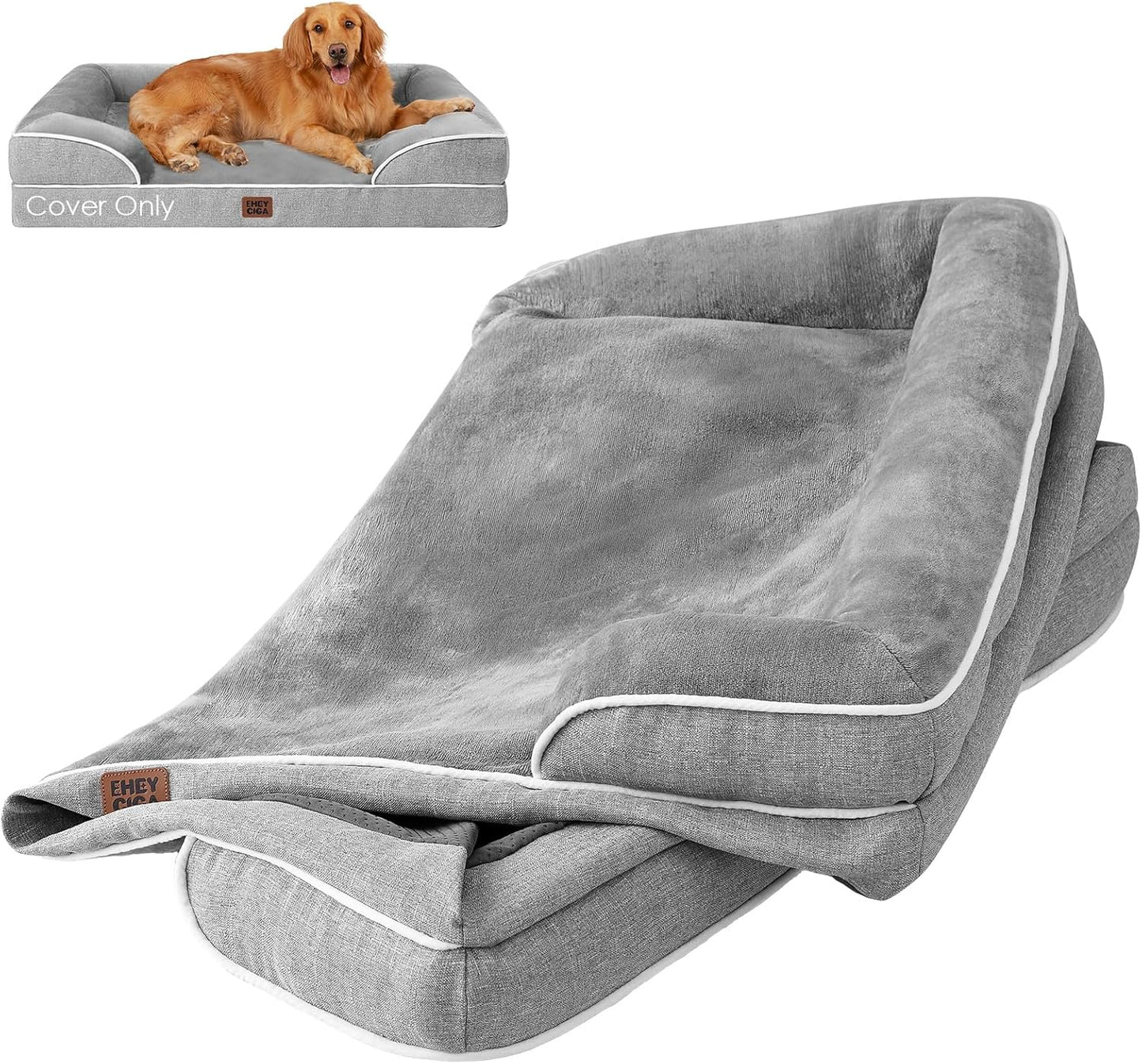EHEYCIGA Dog Bed Cover Replacement for Extra Large Dog Bed, Waterproof Washable Removable Cover for Orthopedic Memory Foam Dog Sofa, Non-Slip Bottom, Grey, Cover Only