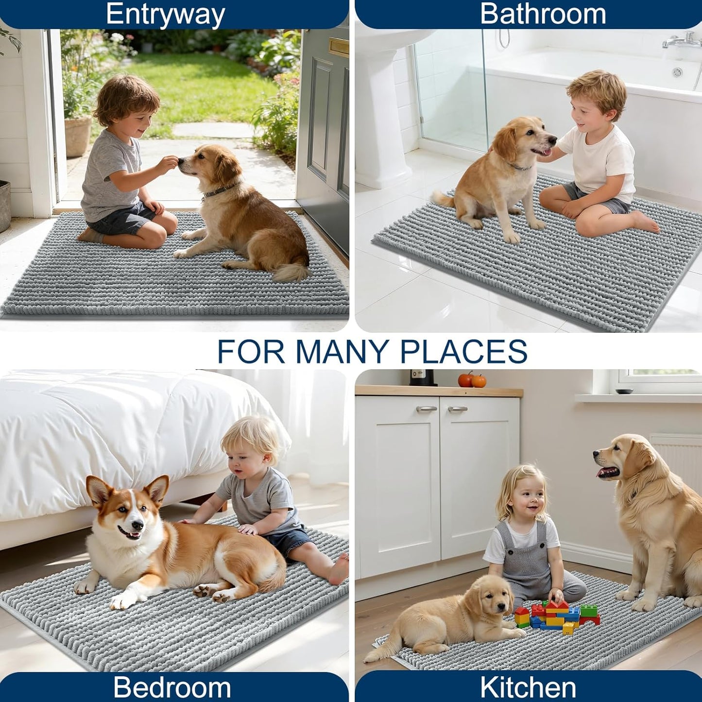 OLANLY Dog Door Mat for Muddy Paws 24x16, Ultra Absorbent Chenille Mud Doormat, Non-Slip Washable and Dirt Trapping Doormat for Indoor Entryway, Quick-Dry Indoor Pet Bed Mats for Dogs, Grey