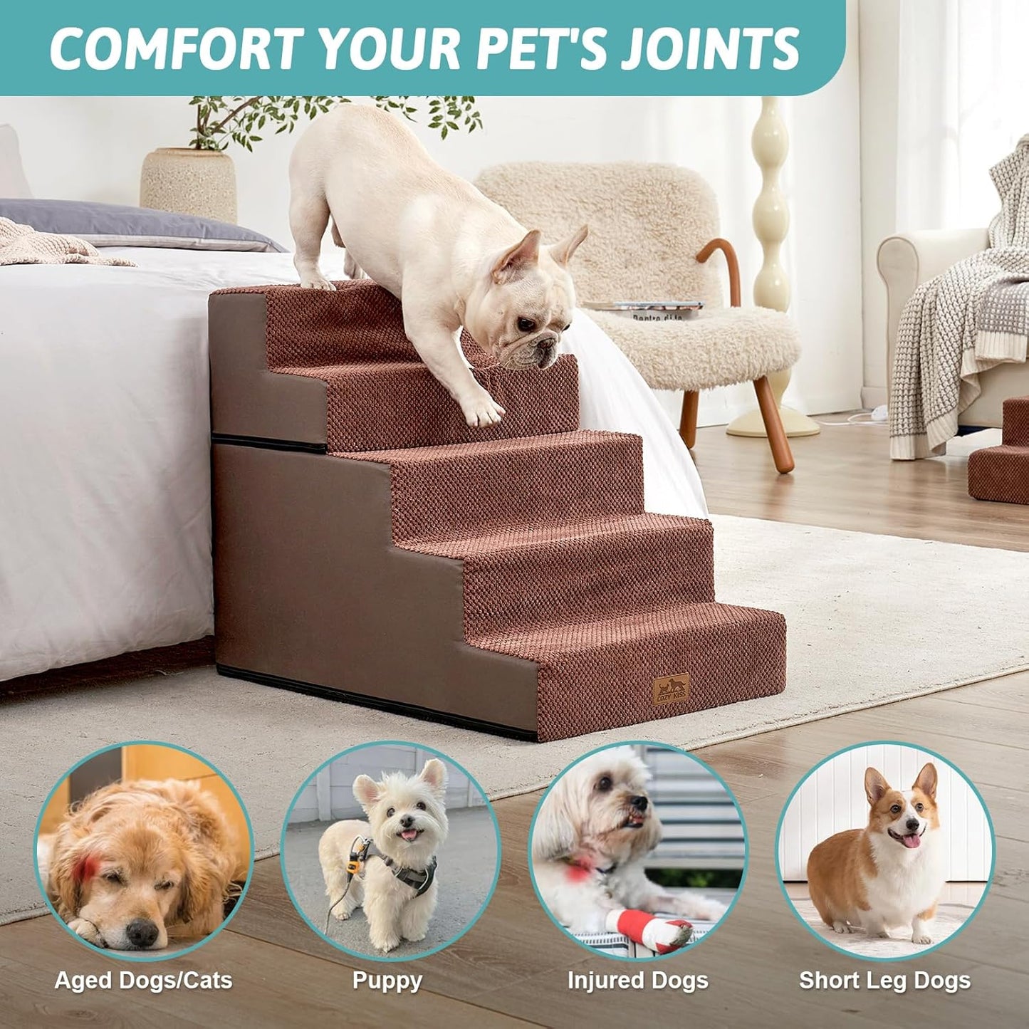 Dog Stairs with Detachable Zipper, 19.7" Extra Wide Right-Angle Pet Stairs for Bed, Anti-Slip Dog Steps for Lowrider and Puppy, Elderly Cats with Support Board, 19.7x29.5x23.6 inch, Brown