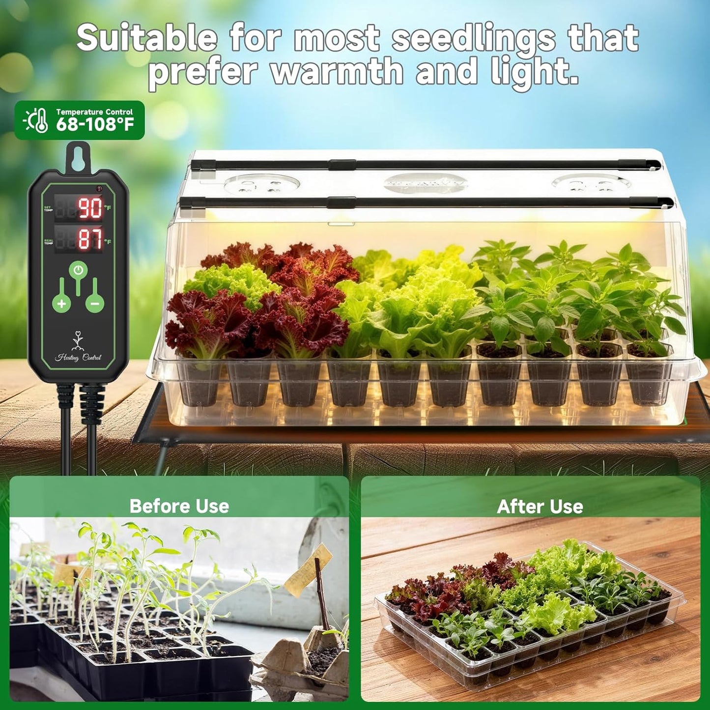Large Seed Starter Tray with Grow Light and Thermostat Controller Heat Mat, 10"x 20.75" Heat Mats for Plant Growing，68-113°F Adjustable，Color Change Grow Lights，Germination Trays Kits