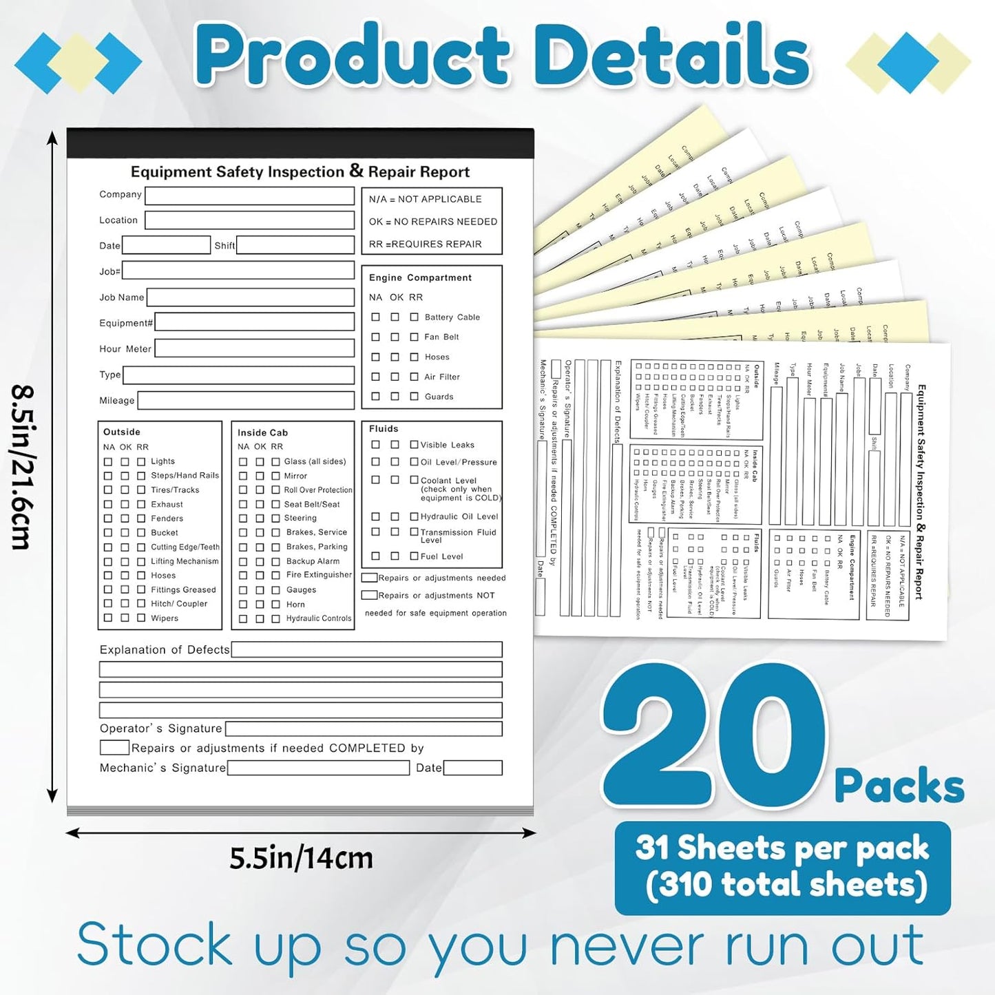 20 Pack 5.5" x 8.5" Equipment Safety Inspection Report Detailed Driver's Vehicle Inspection Report Book Daily Pre Trip 2-ply, Carbonless, 31 Sets of Forms Per Book