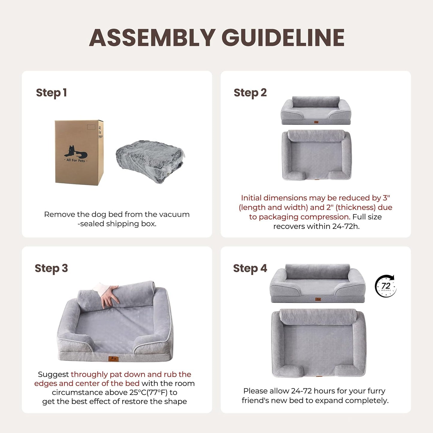 Orthopedic Dog Beds for Large Dogs, Waterproof XL Pet Couch Bed with Soft Sides, Washable Dog Sofa with Flannel Removable Cover, 42" L Supportive Egg-Crate Foam Pet Sofa, Light Grey