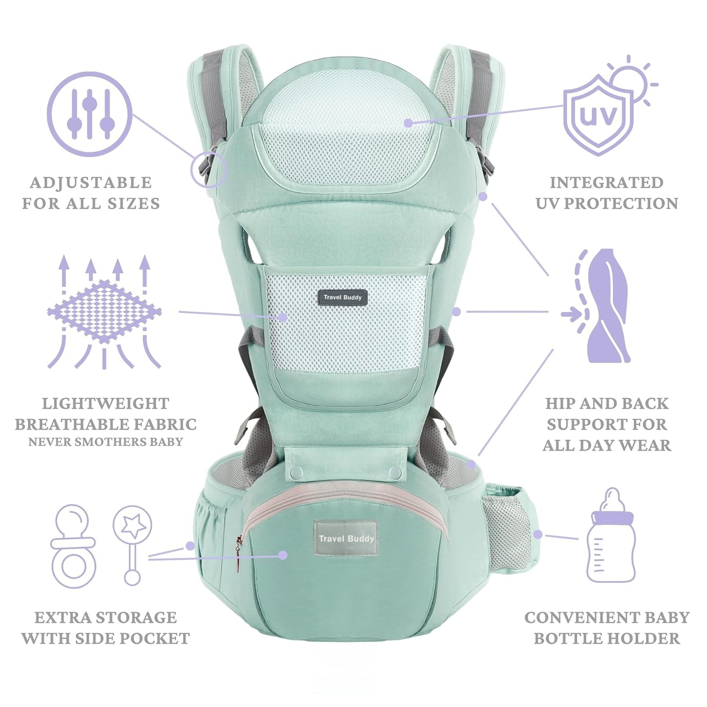 Travel Buddy Baby Carrier | 4-in-1 with Hip Seat and Sling | Adjustable Size for Dad & Mom | Back & Lumbar Support | Ergonomic M Position Develops Healthy HIPS | 3-44lbs Newborn & Toddler Carrier
