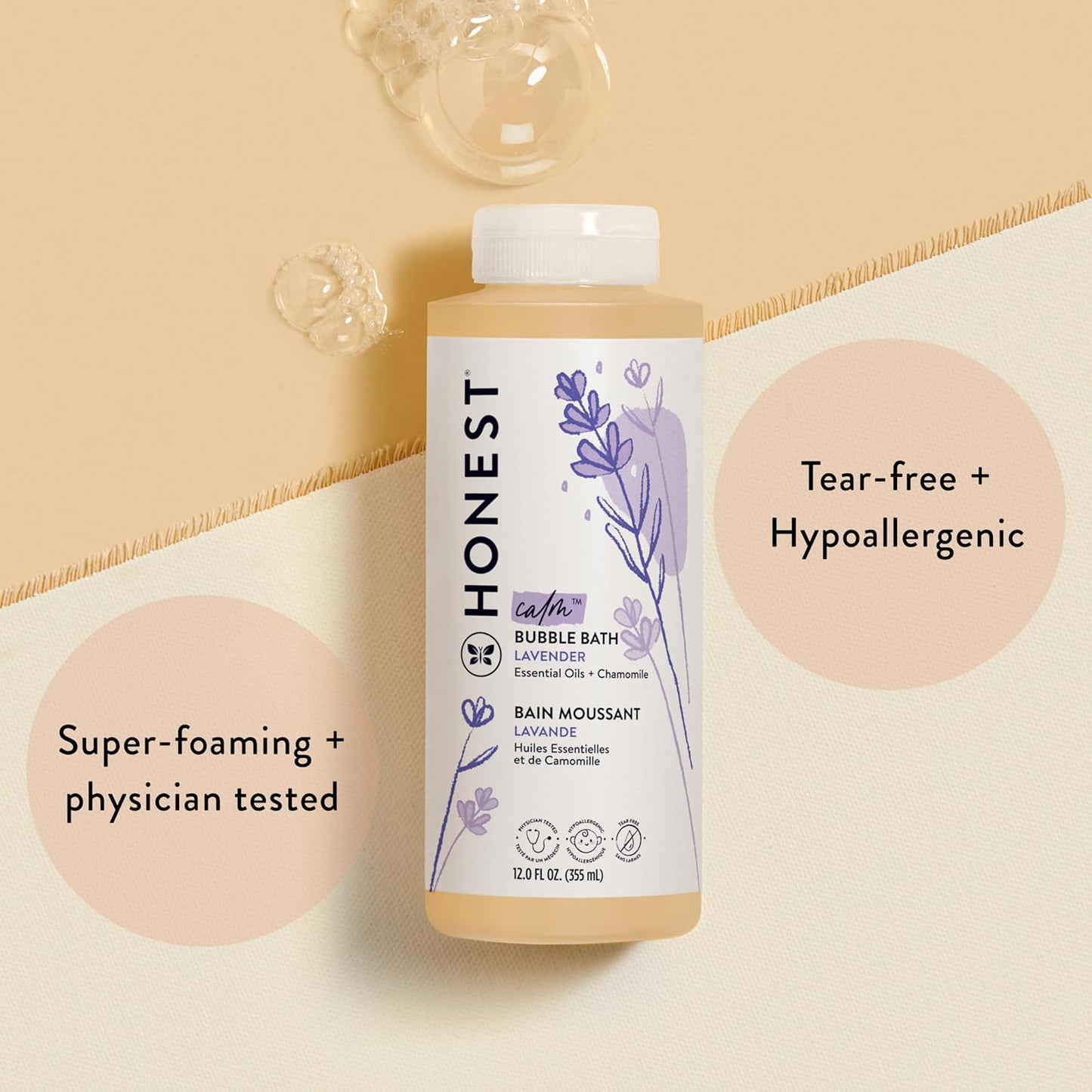 The Honest Company Foaming Bubble Bath & Baby Wash, Tear-Free, Hypoallergenic, Natural Formula, Lavender Calm Scent, 12 fl oz