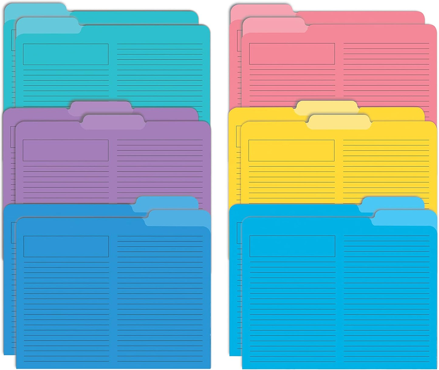 Better Office Products Lined File Folders, 12 Pack, Heavyweight, 1/3 Cut Tabs, 6 Vibrant Colors, Top Custom Subject Box, Letter Size Folders, 9.5" x 11.5",