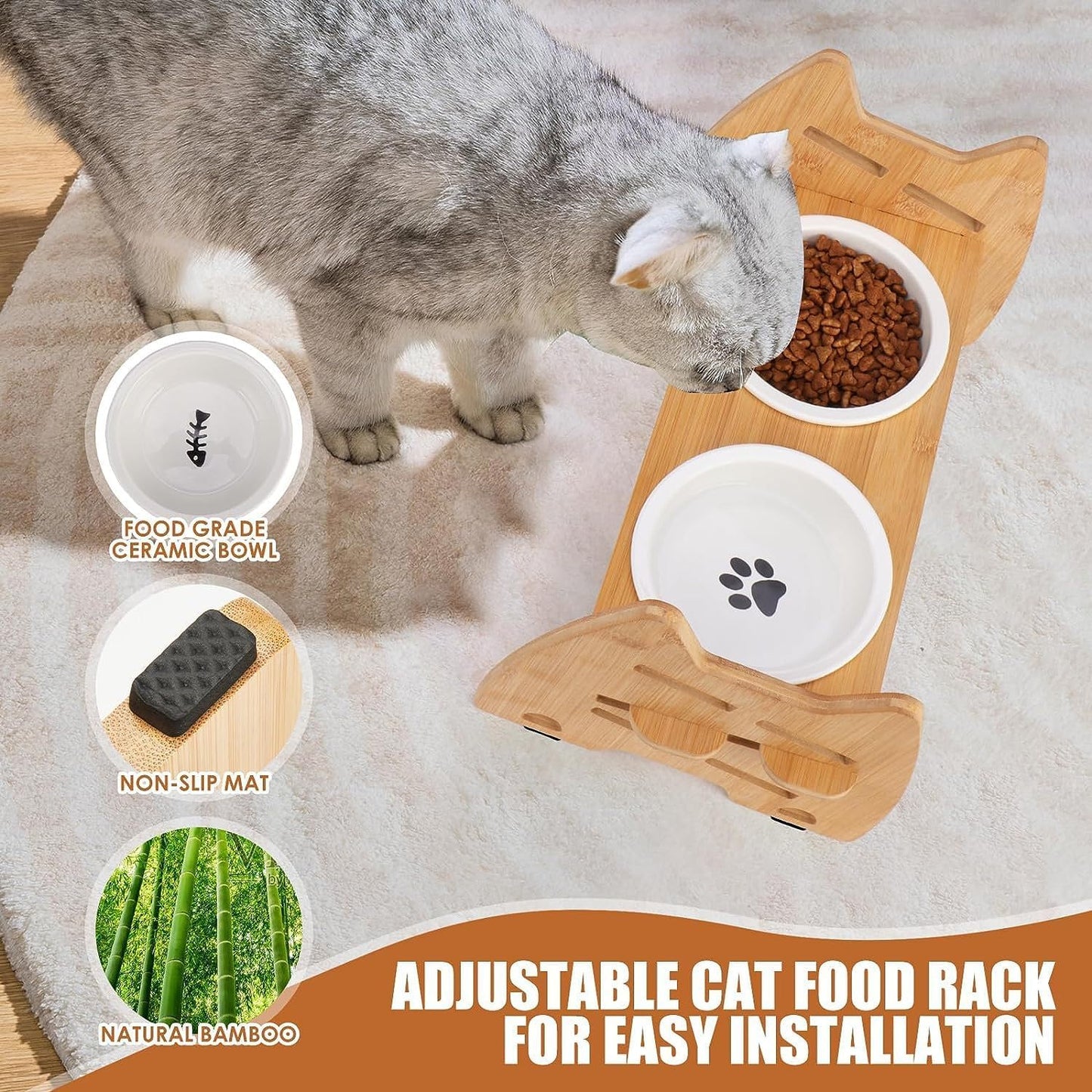 Elevated Dog Bowl Stand with 15° tilt, Adjustable Raised Dog Bowl, Ceramic Bowls, Non-Slip Feet, Foldable Design for Small Dogs and Cats, Slow Feeder Dog Bowls, Better Feeding Posture, Puppy Bowl