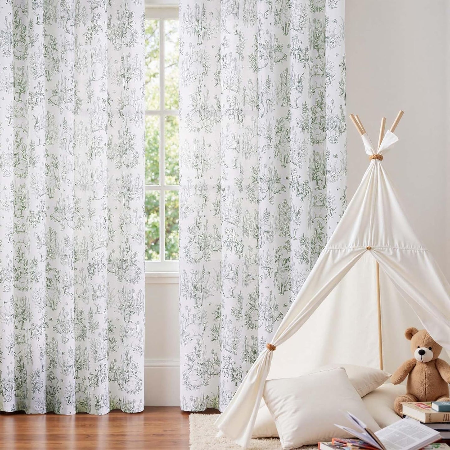 jinchan Easter Decor Linen Nursery Curtains 84 inch Long Woodland Wildlife Sage Green Print Drapes for Kid's Room Light Filtering French Country Farmhouse Curtains with Bunny Design Set of 2 Panels