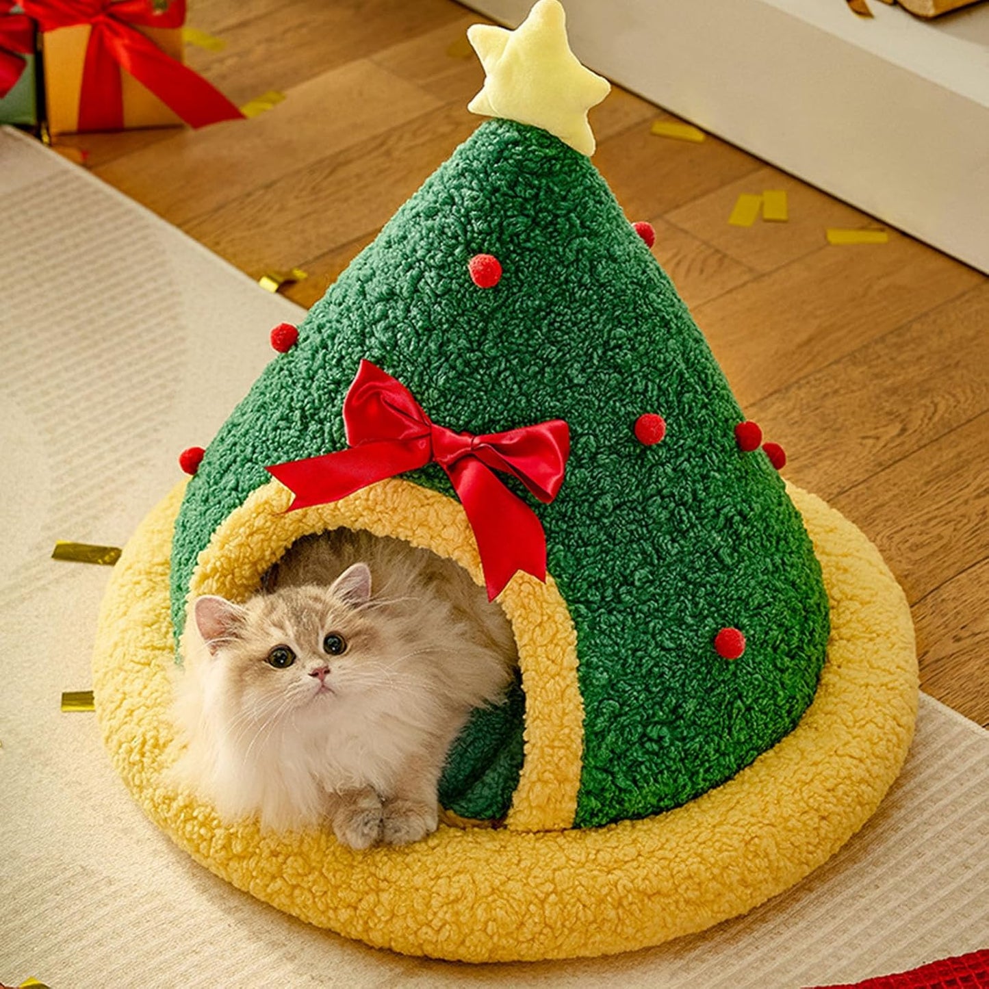 Winter Warm Cats Bed Christmas Theme Soft Foam and Removable Cover Shelter House Rest Bed for Small Animal Home Decors Festival Pet House