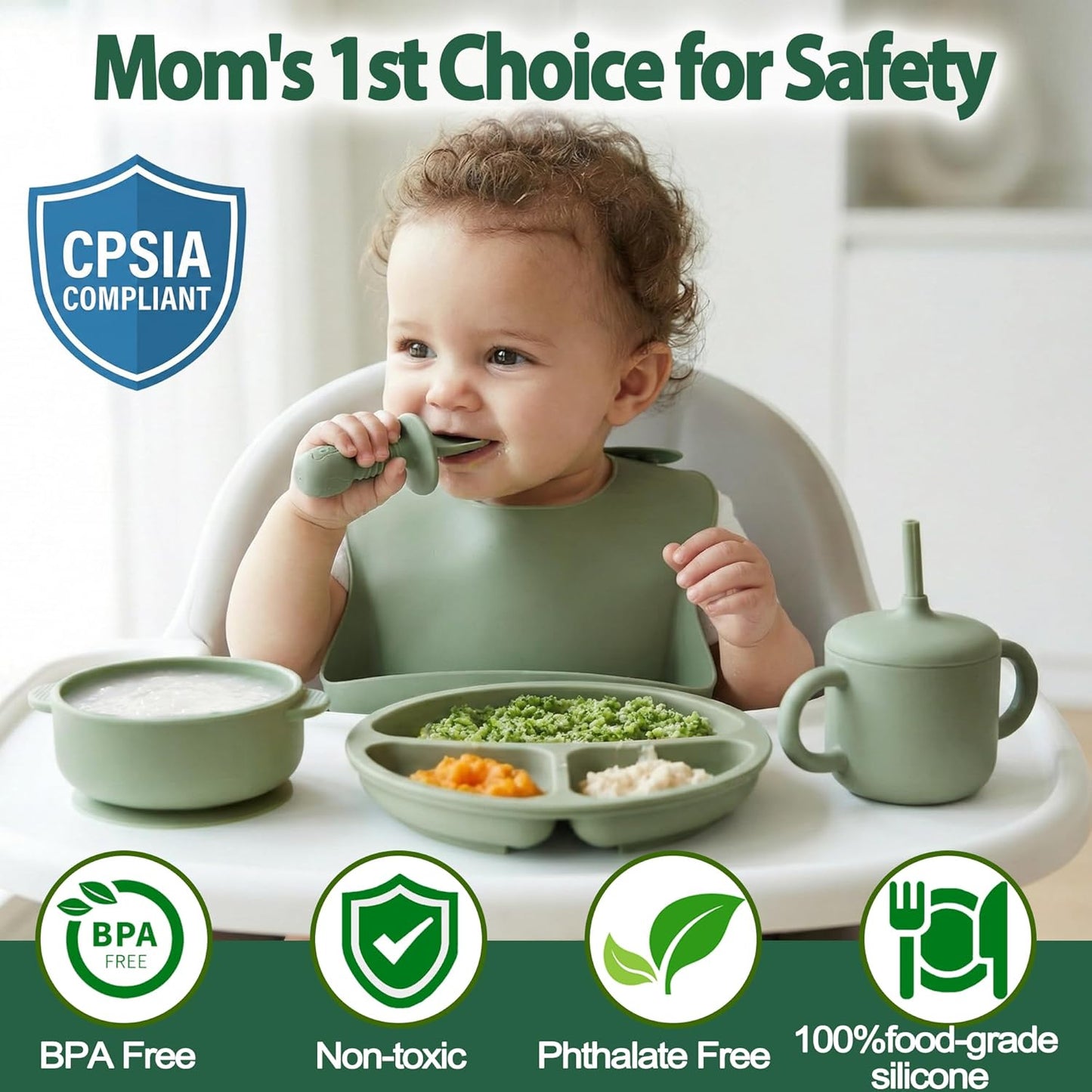 Silicone Baby Feeding Set, Baby Led Weaning Supplies, Eating Essentials Utensils with Suction Plate and Bowl, Pocket Bib, Sippy Cup with Lid, Forks Spoons Snack Container, for 6+ Months, Green