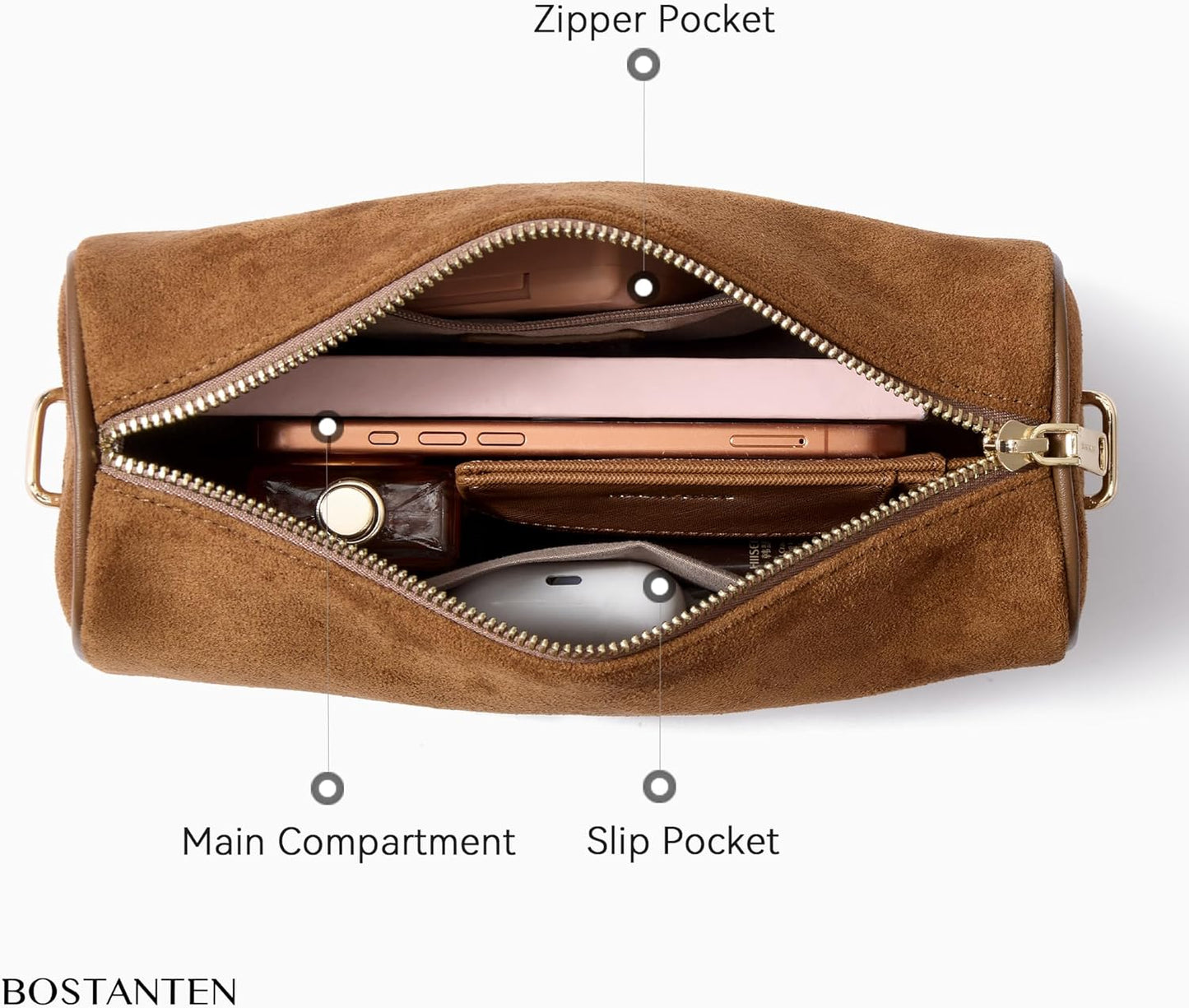 BOSTANTEN Crossbody Purses for Women Suede Leather Shoulder Purse Handbags Vintage Barrel Bag with 2 Adjustable Strap