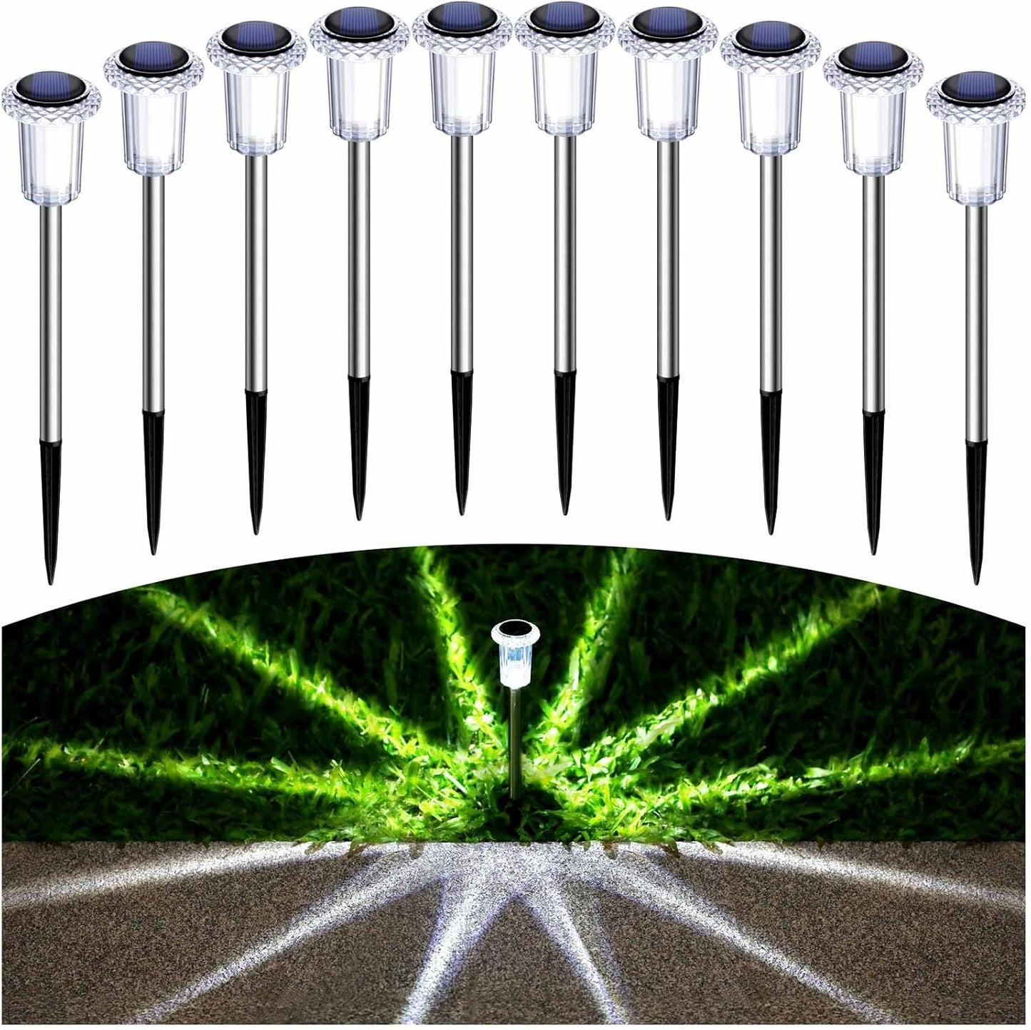 Solar Pathway Lights 10 Pack Christmas Solar Lights Outdoor Waterproof 6000K Cold White Yard Lighting, LED Stainless Steel Stake for Garden Outside Landscape Lawn Driveway Walkway Path