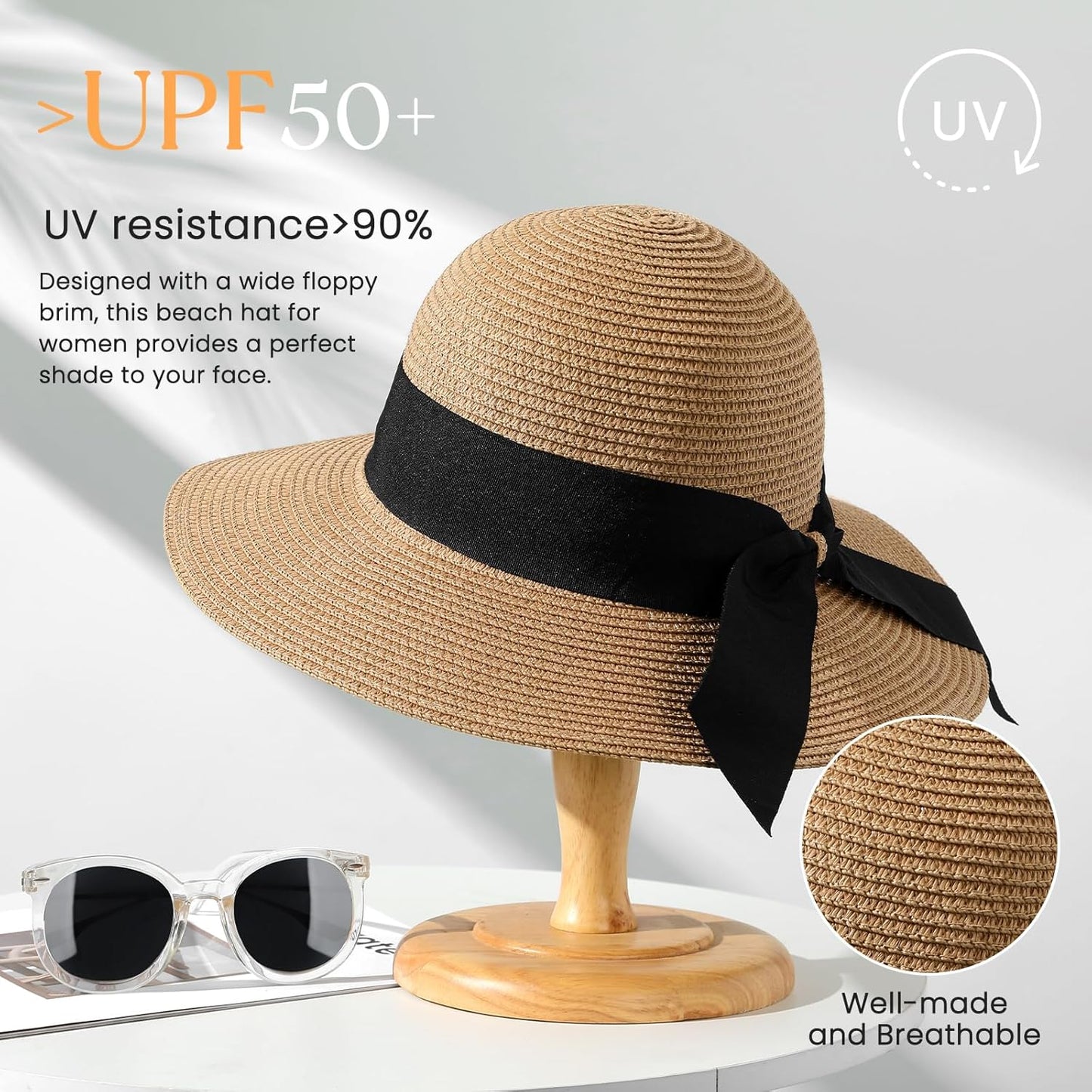 Beach Sun Straw Hats for Women, UPF 50+ UV Sun Protection Wide Brim Summer Straw Hat Foldable Packable Roll up Cap