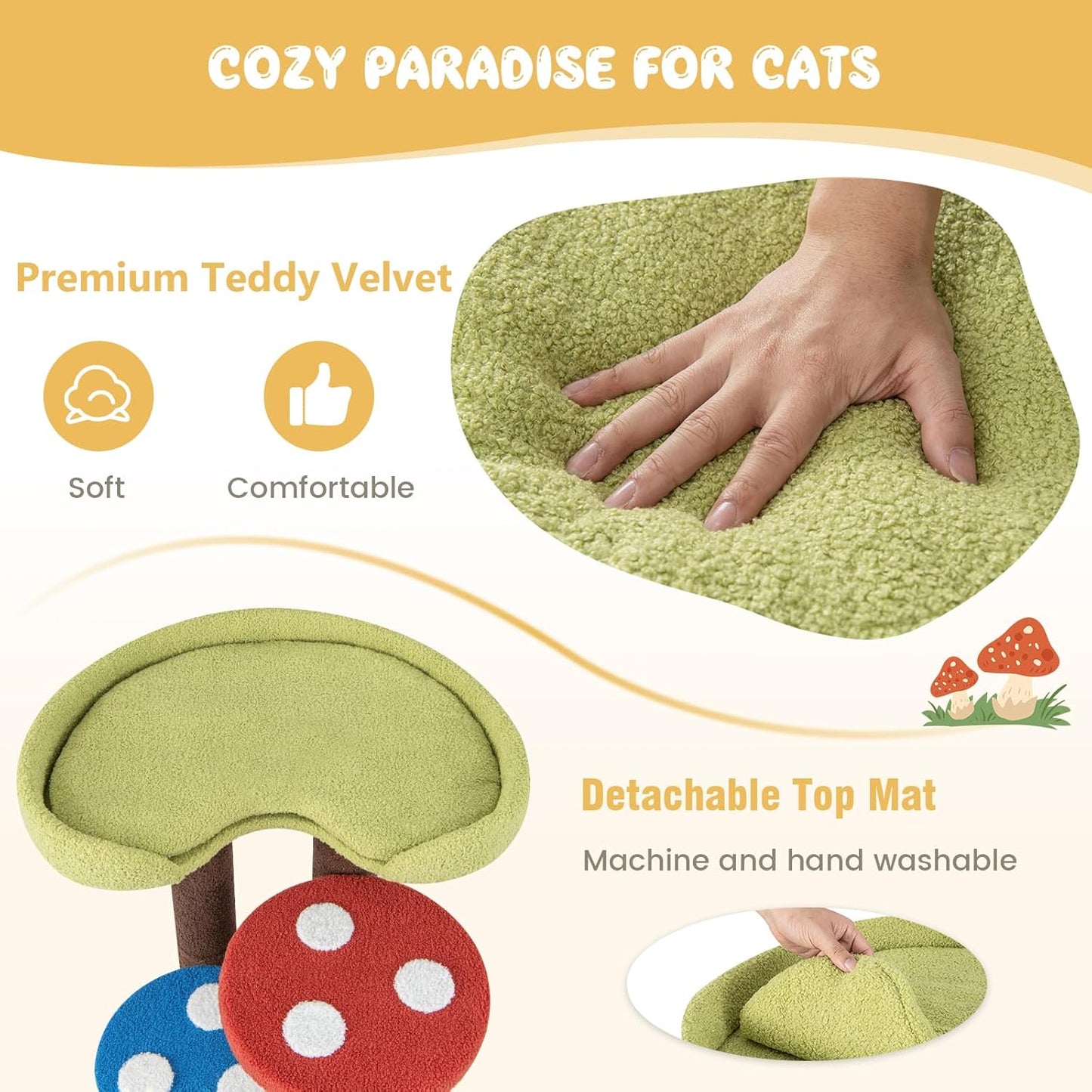 Giantex Cute Cat Tree - 37 Inches Mushroom Cat Tower with 3 Full-Wrapped Sisal Scratching Post, Padded Top Perch, Washable Mat, Multi-Level Cat Activity Tree for Indoor Cats Kitten