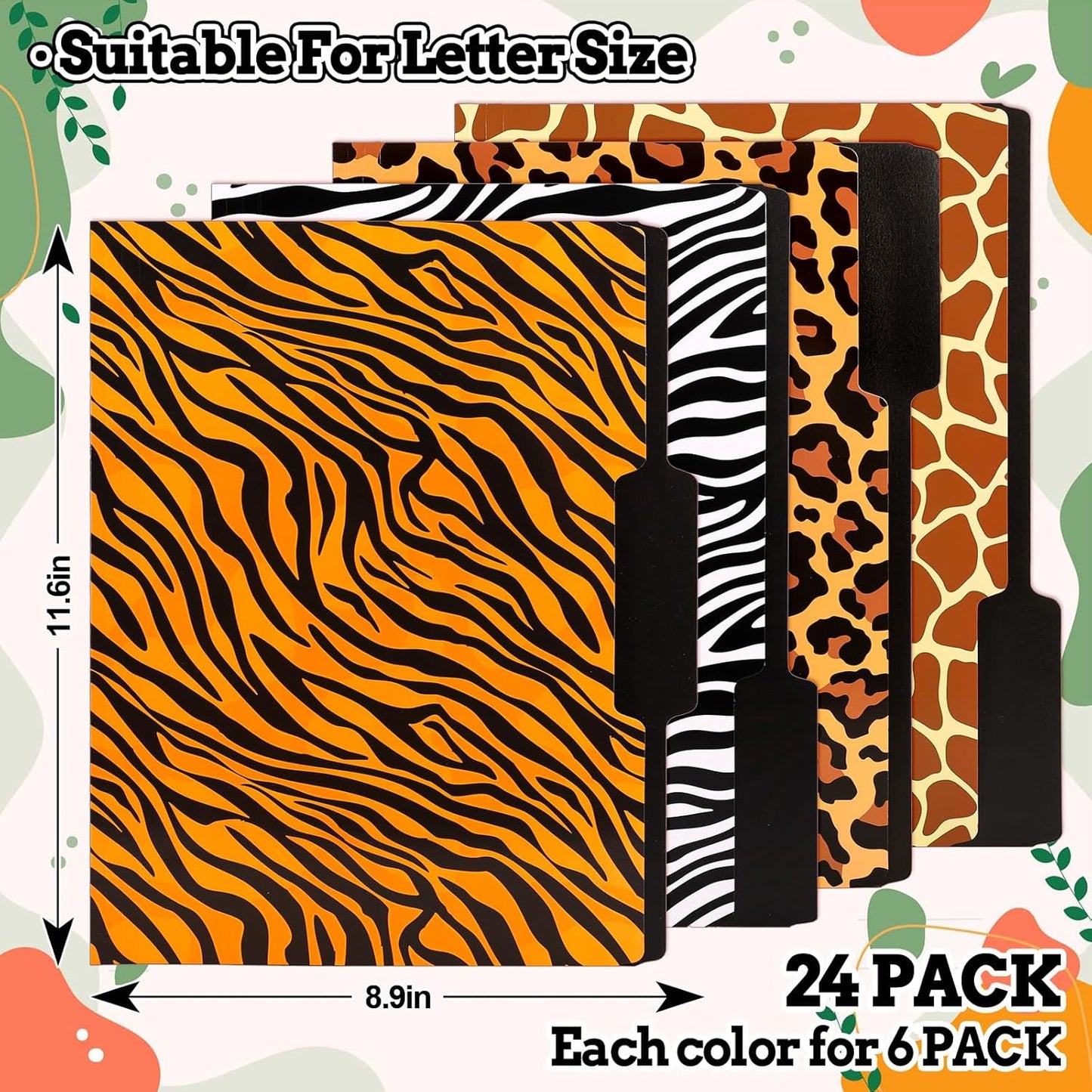 Whaline 24 Pack Animal Prints File Folders Letter Size Safari Leopard Zebra Tiger Giraffe File Pockets with 1/3 Cut Tab for Home Office Classroom Supplies, 8.9 x 11.6 Inch