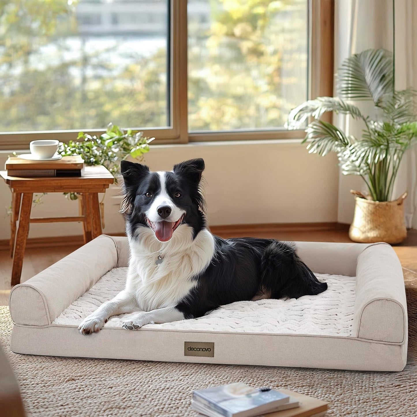 Deconovo Sofa Dog Bed with C-Shape Bolster, Supportive Eggrate Foam, PV Velvet Top, Anti-Slip Waterproof Bottom, Zippered Washable Cover, Large Dogs & XL Options, Khaki, 42x31x8 Inches
