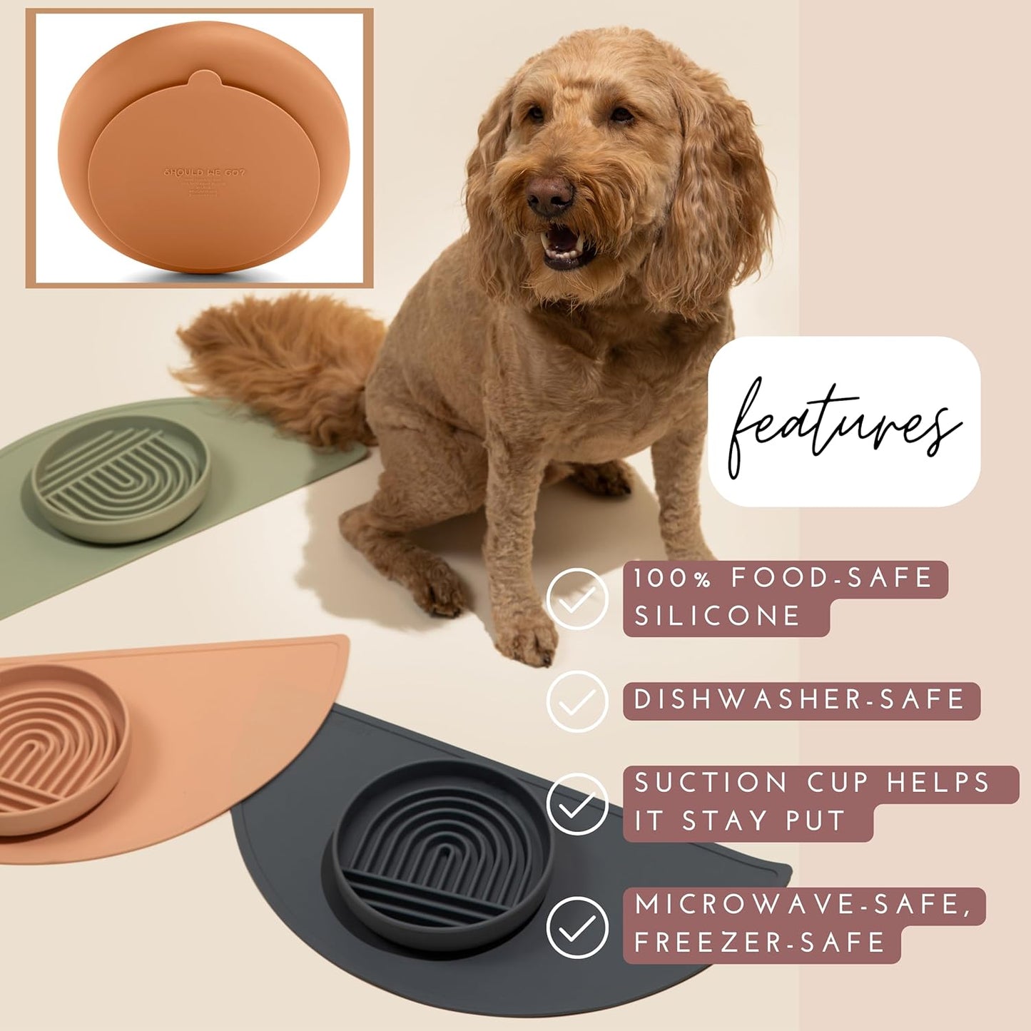 Should We Go? Slow Feeder for Dogs & Puppies, The Slowdown Bowl Silicone Slow Eating, Modern Lick Mat Design, Reduces Gulping, Fits 2 Cups, 7.5” Across x 1.5” Tall, Mealtime Challenge, Medium-Sand