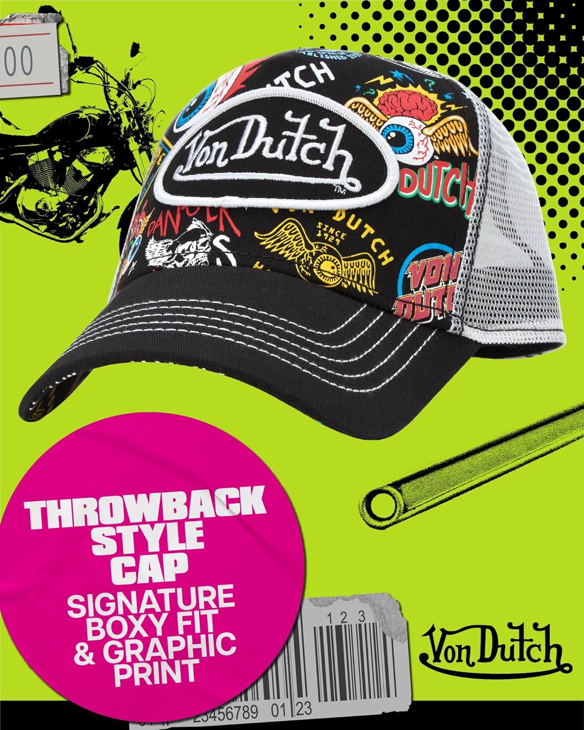 Von Dutch Monogram Trucker Cap - Retro Snapback Cap for Men and Women - Adjustable Snap Fit Panel, Mesh Rear, Curved Bill