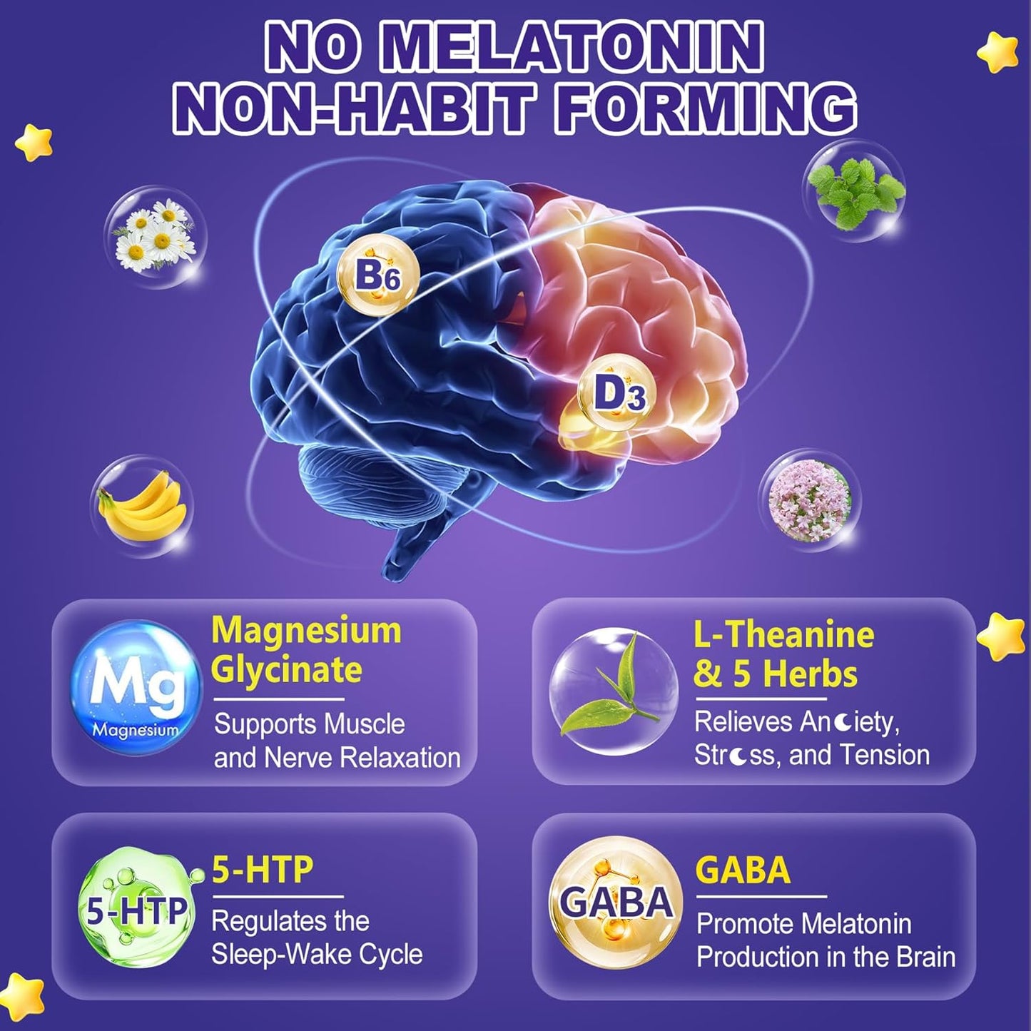 Melatonin Free Sleep Gummies with Magnesium Glycinate, GABA, 5-HTP, L-Theanine, Valerian, Chamomile, Lemon Balm, Vitamin D3 & B6 - Hormone & Drug- Free, Non-Habit Forming,2 Pack