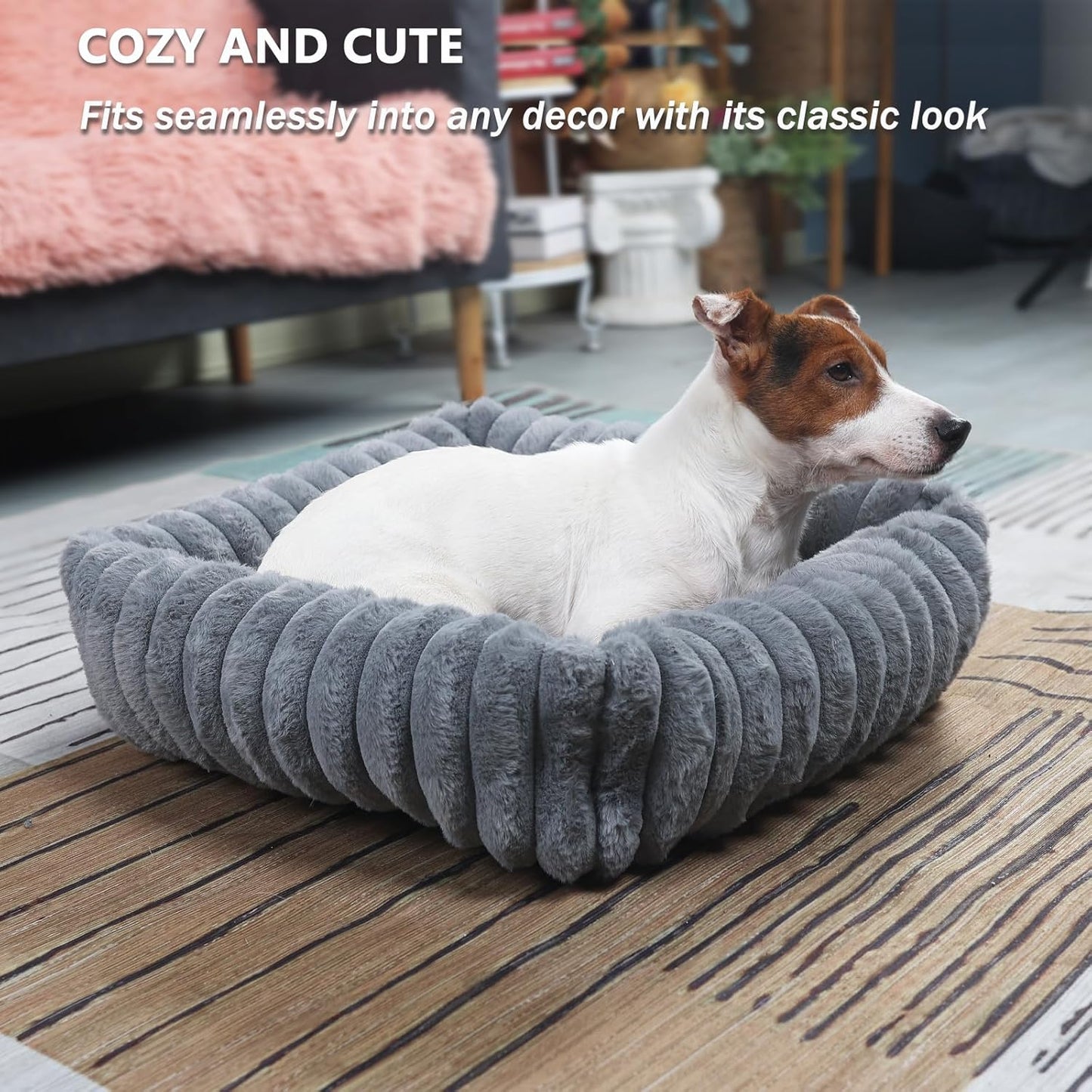 Rectangle Dog Bed for Small Dogs Washable Furry Puppy Beds,Orthopedic Soft Calming Warming Sleeping Cat Bed with Sides,Cozy Corduroy Fleece Square Pet Beds for Large Cat and Puppy,Warm Grey 20x19 Inch