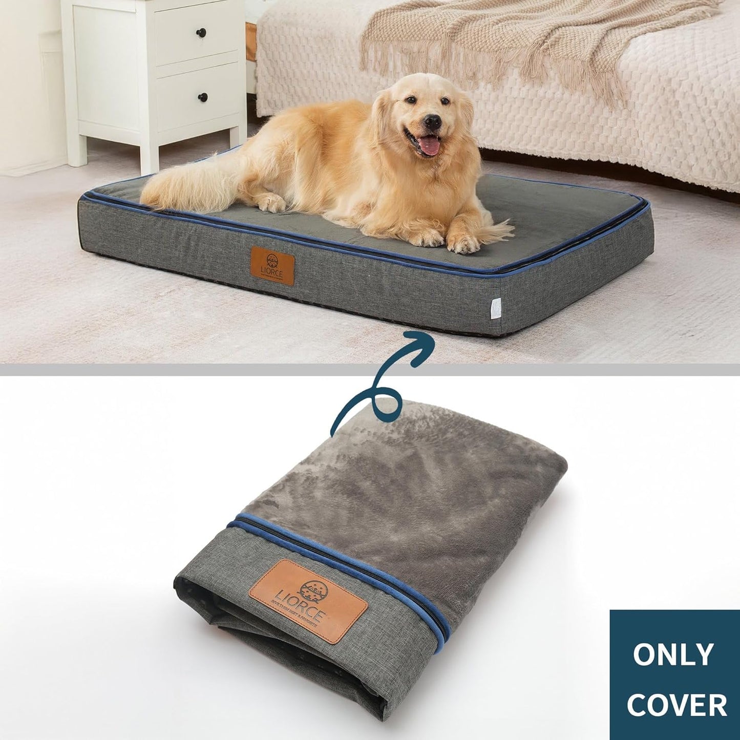 LIROCE Washable Dog Bed Cover Replacement, XXL Wrap-Around Zipper Cover for Orthopedic Memory Faom Dog Bed (48x30x6 inches), Dark Grey