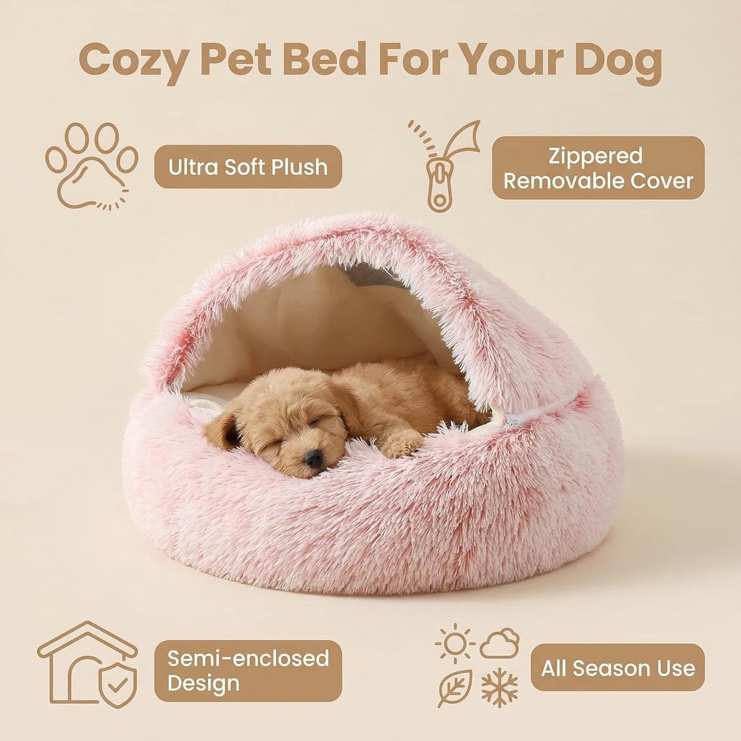 Cat Cave Bed, Dog Bed with Cover, that is, Warm, Full of Security, The Cover Can Be Removed to Become a Doughnut Bed, Suitable for All Seasons (Cave Bed - Pink, Medium 19.7 Inches)