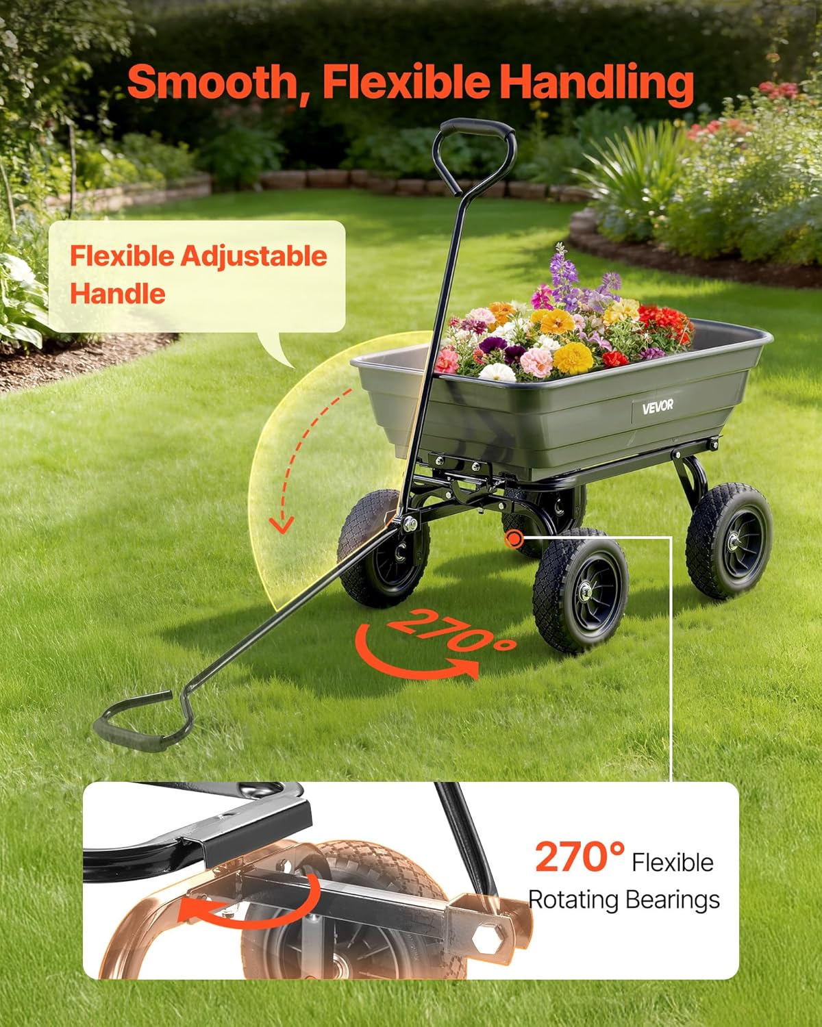 VEVOR 4 Cu.Ft 600LBS Poly Garden Cart Dump Wagon, 4 Wheel Heavy Duty Wheelbarrow with 10" Flat Free Tires, Yard Cart Dump Wagon with Quick-Release System