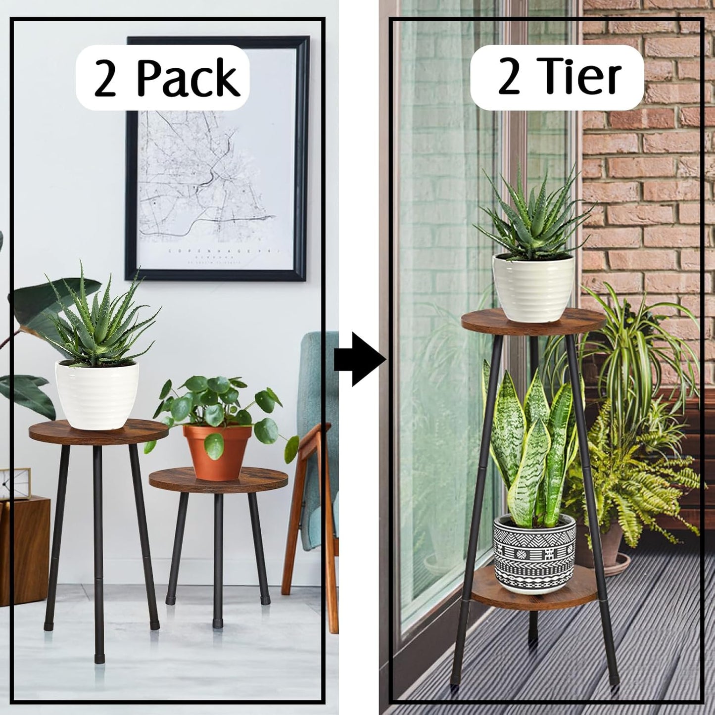 2 Pack Indoor Plant Stand, Mid-Century Wooden Style Plant Holder, Indoor Outdoor Flower Stand,Small Round Table, Two Different Sizes(Black)