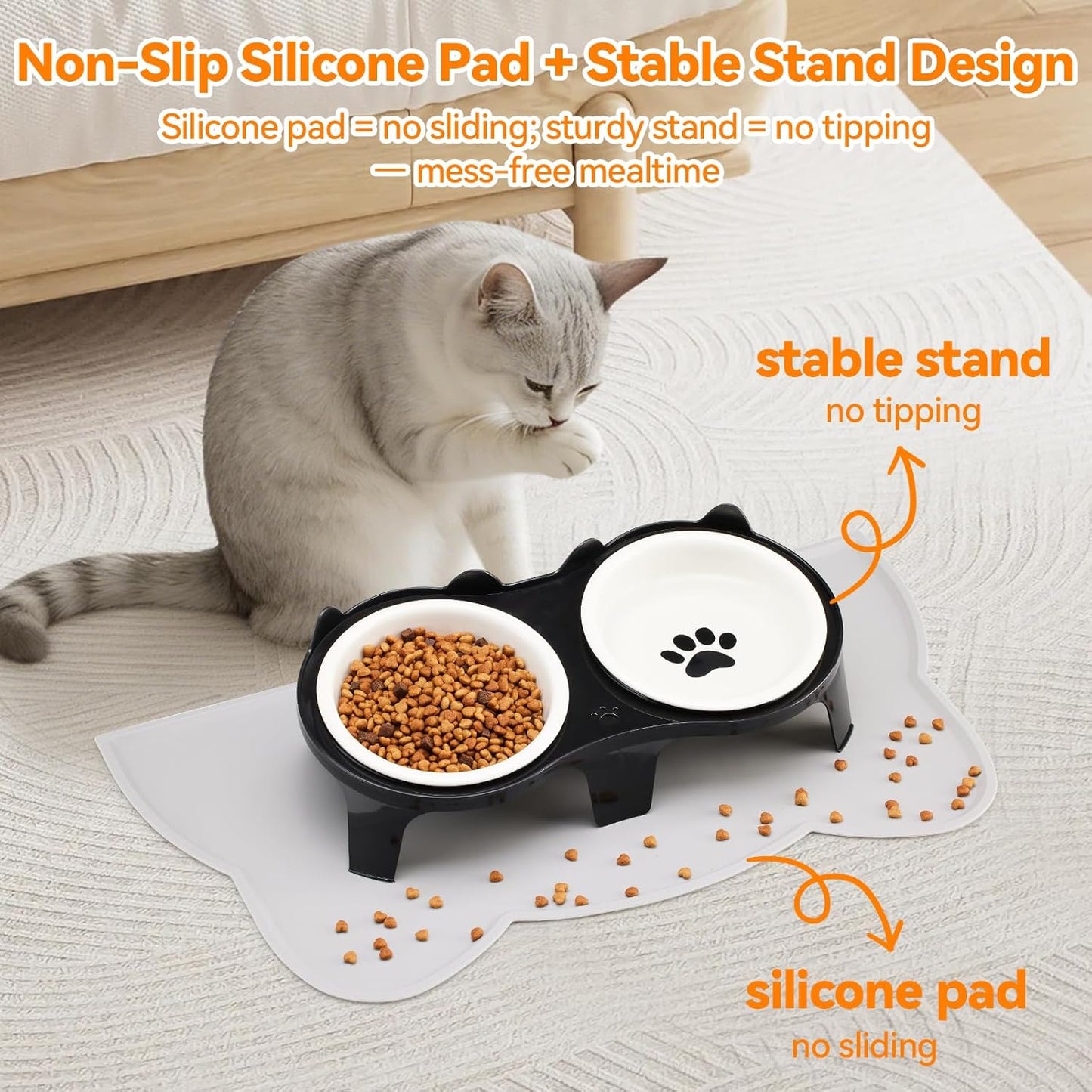 Ceramic Elevated Cat Bowls Kitty Bowls - 15° Tilt Anti-Vomiting, Silicone Mat Included, Whisker Friendly for Indoor Cats & Small Dogs (2-Pack) (Black)
