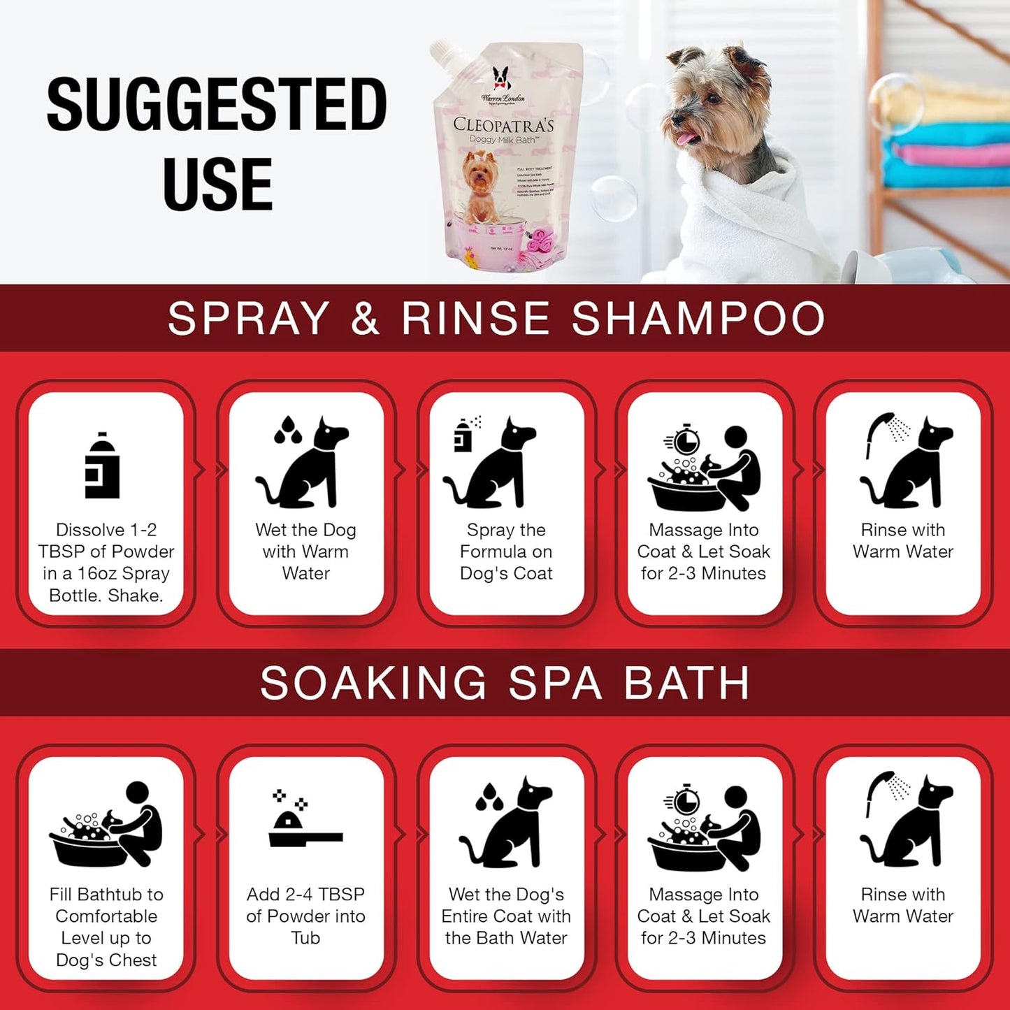 Warren London Cleopatra's Doggy Milk Bath | Luxurious Dog Shampoo and Conditioner w/Whole Milk Powder and Honey for Silky Smooth Coat | Use as a Full Bath Soak or Spray On Dog Shampoo | 12oz