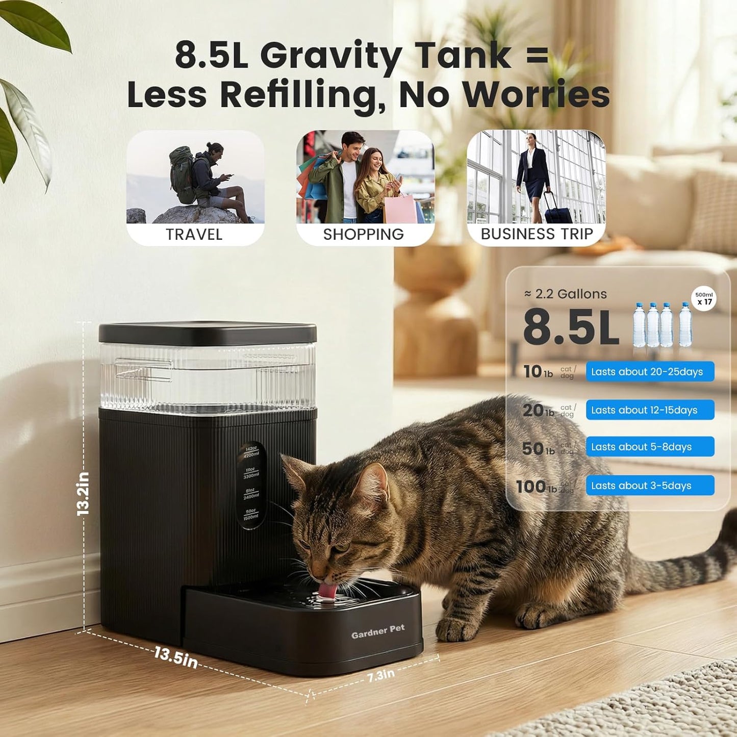 Gardner Pet 2.2 Gallon Automatic Dog Water Bowl Dispenser 8.5L Gravity Water Feeder with Stainless Steel Bowl & Maifan Stone Filter, BPA-Free for for Cats and Dogs (Black, 2.2 Gallon)