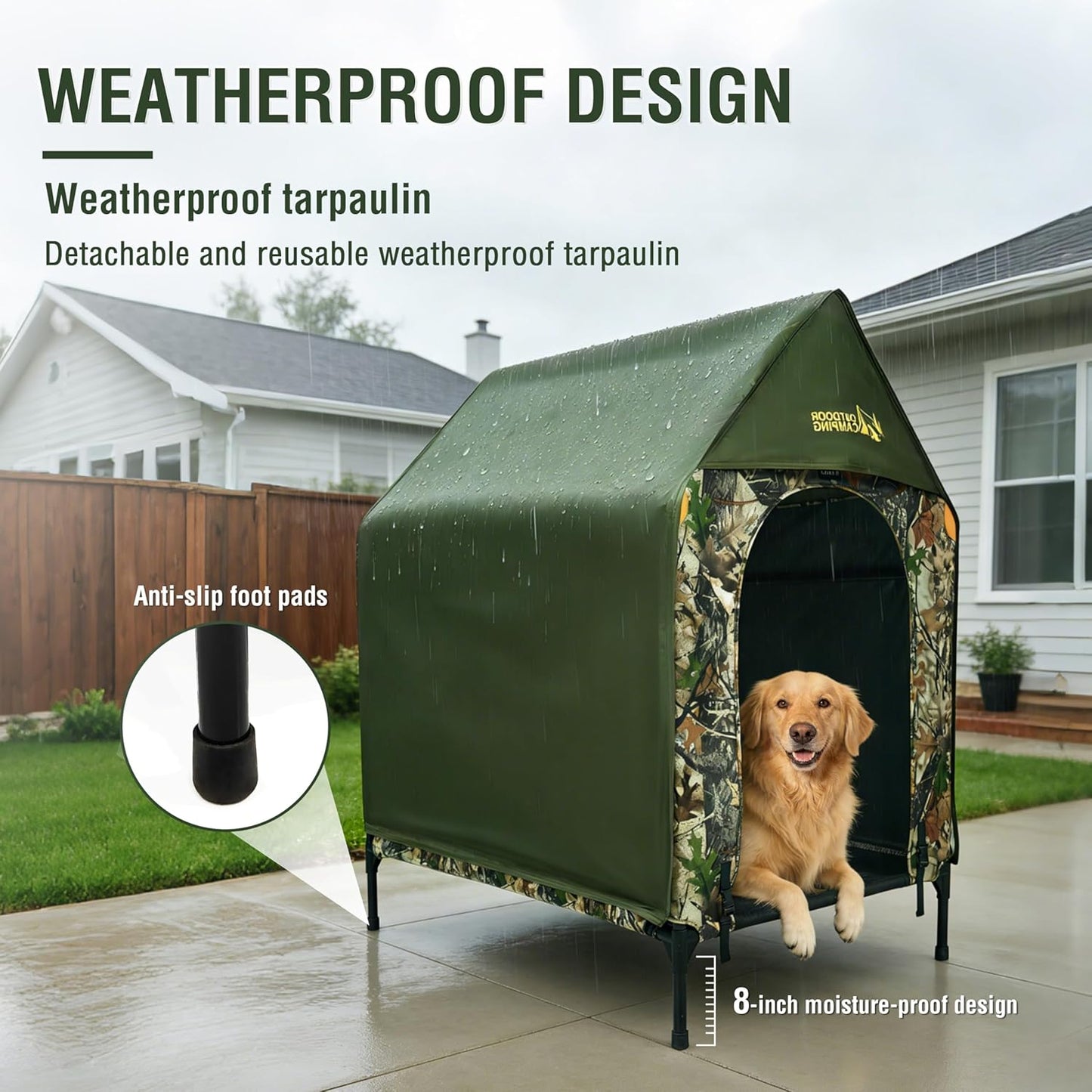 42" Camouflage Canvas Outdoor Dog House Weatherproof,360° Visibility and Breathable Design,2-in-1 Dog Shade Shelter for Large Breeds with Removable Waterproof Cover,Elevated Dog Bed with Canopy (M)
