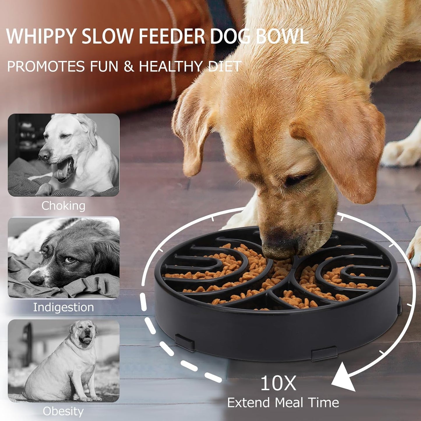 WHIPPY Slow Feeder Maze Dog Bowl - Anti-Choking, Anti-Slip Interactive Puzzle Feeder for Large Dogs, Black