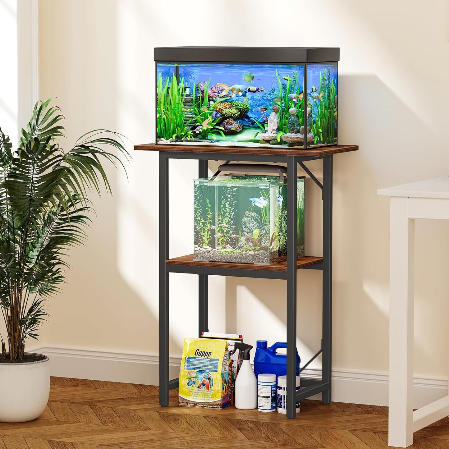Snughome 10-20 Gallon Fish Tank Stand, Aquarium Stand 2-Tier Storage Shelves, Heavy Duty Terrarium Stand for Home Office Fish Tank Shelf, 24" L x 11.81" W x 30.71" H, Rustic Brown