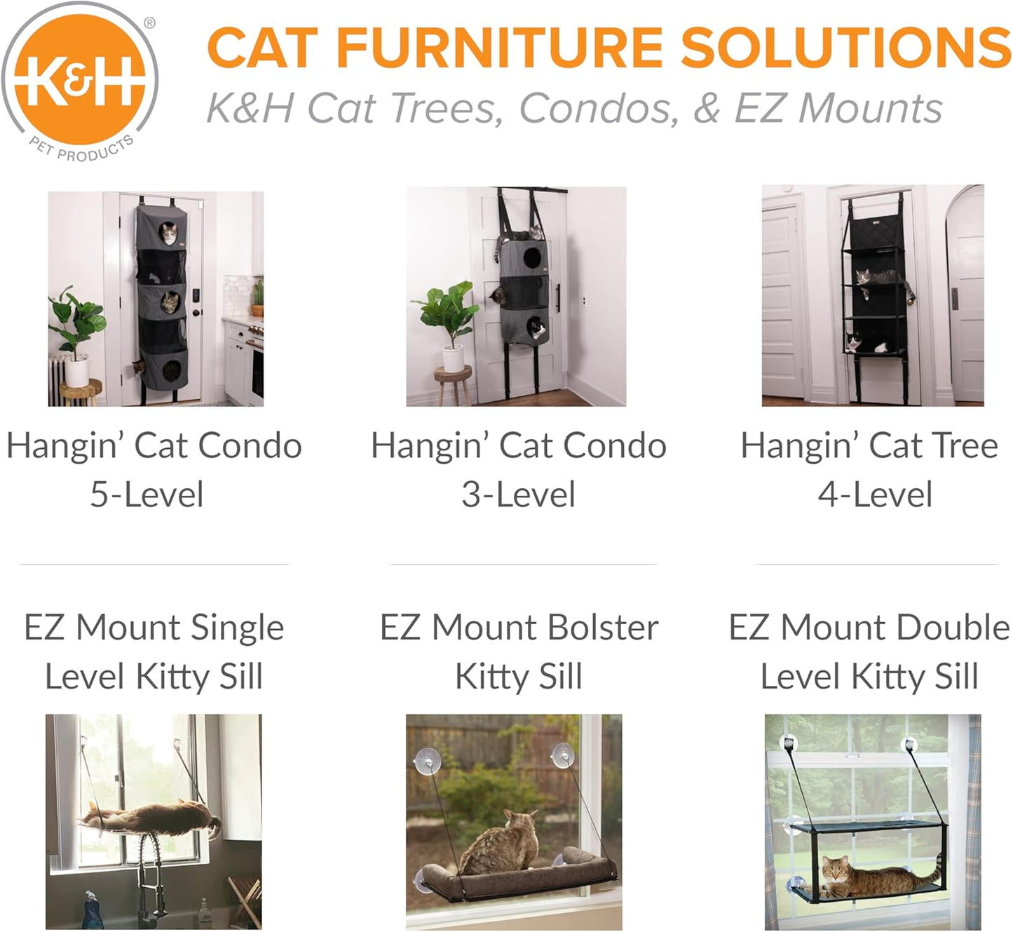 K&H Pet Products Hangin Cat Tree Condo 5 Level Door Mounted Cat Furniture, Space Saving, Mesh Levels, Peep Holes, Interconnecting Levels, Collapsible, Tool-Free Assembly - Gray - Fits Doors <80in H