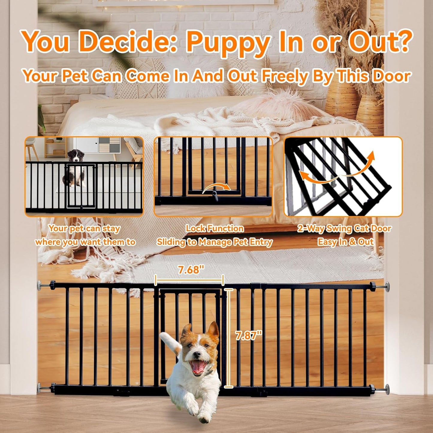 10" Height Short Dog Gate Adjustable18-48 Extra Wide Dog Gate with Small Cat Door,Pet Gate with 4 Extension Kits Pressure Mounted for Doorways & Stairs (Black, 10" Height)