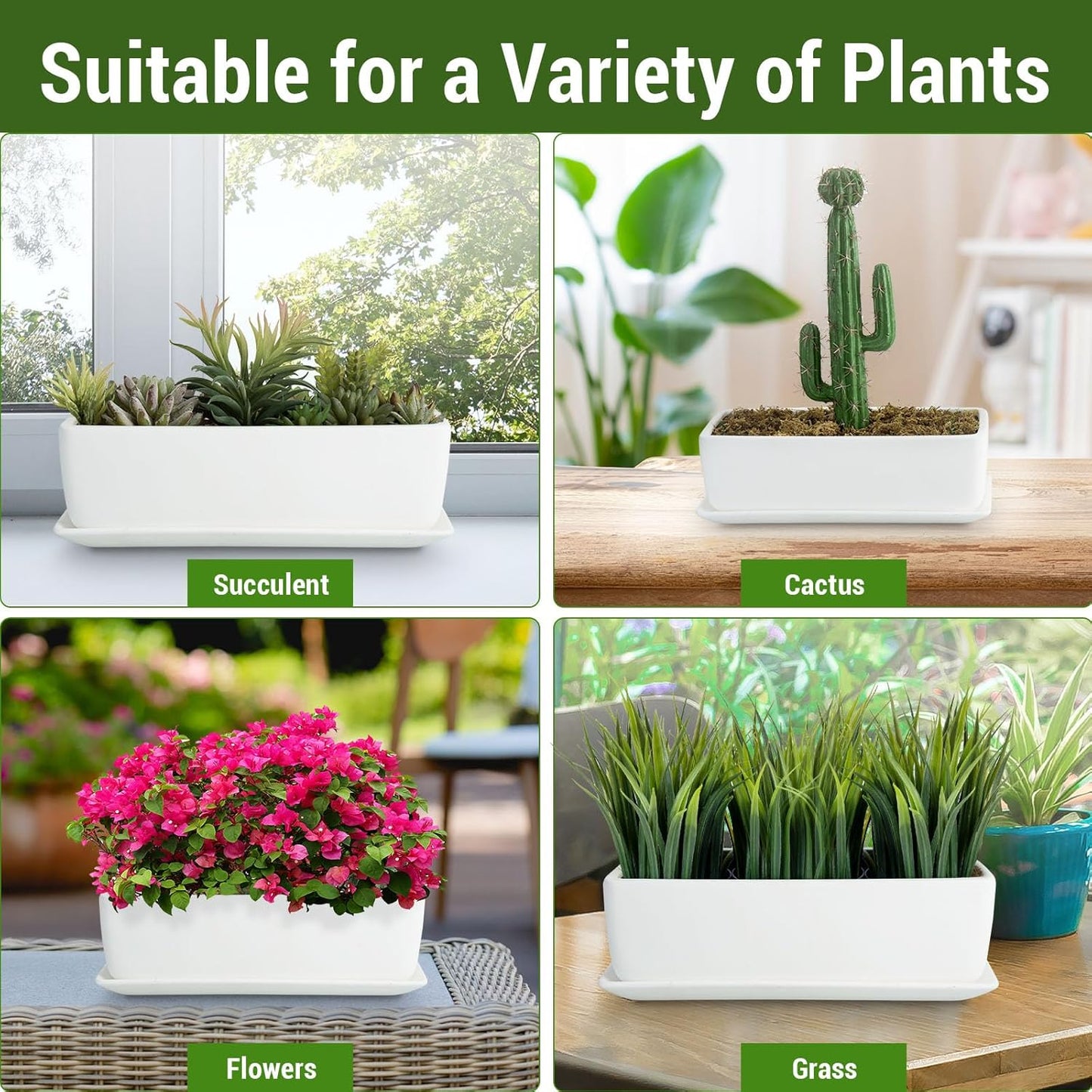 MyGift 14 Inch Ceramic Indoor Plant Pot with Drainage Hole, Rectangular Succulent Planter Window Box with Removable Saucer, Unglazed White