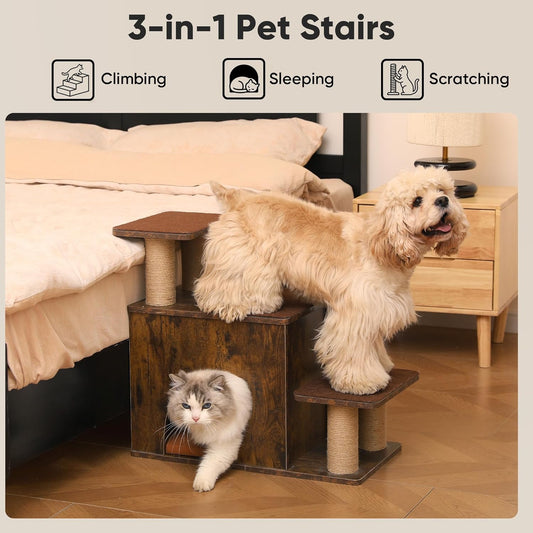 FUKUMARU 3-in-1 Pet Stairs, Retro-style Dog Steps for Cats and Small Dogs, Wooden Cat Stairs for High Bed with Scratching Post, Dog Ramp for Couch with Cat Condo Cave, Easy to Clean & Aesthetic Design