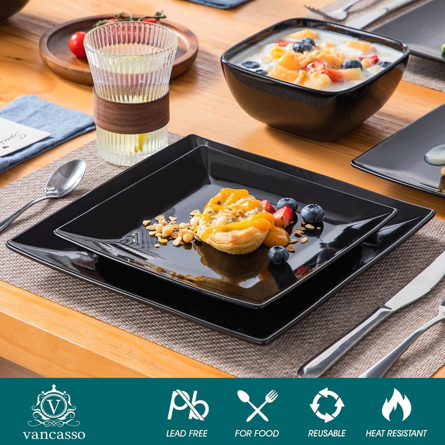 vancasso Soho Dinnerware Sets 12 Pieces, Black Stoneware Square Place Setting, Plates and Bowls Sets, Dinner Plate, Dishes Set for 4