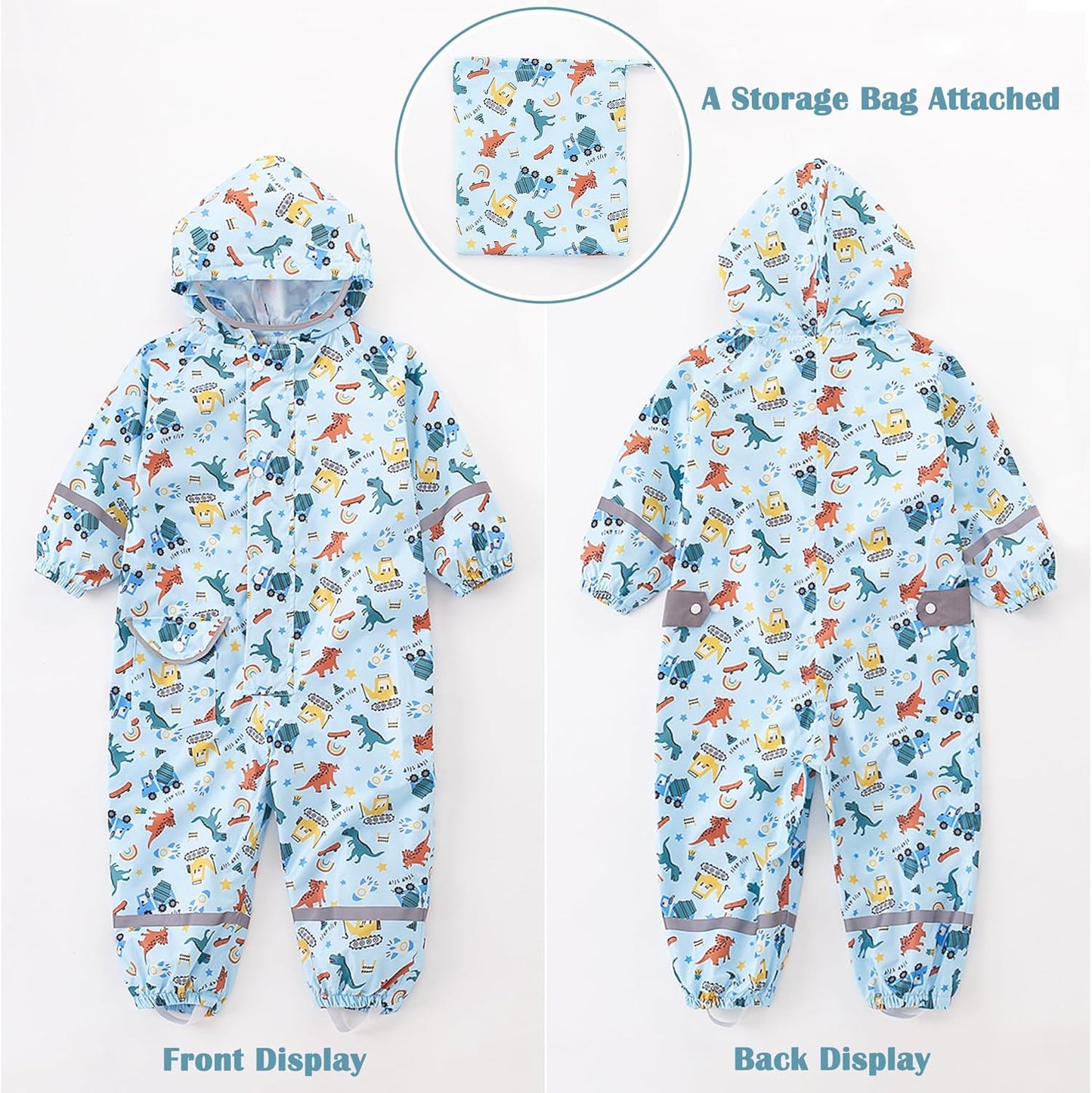 Kids Toddler Rain Suit for Boys Girls One Piece Hoodie Zipper Cartoon Waterproof Coverall Rain Jacket 1-10 Years