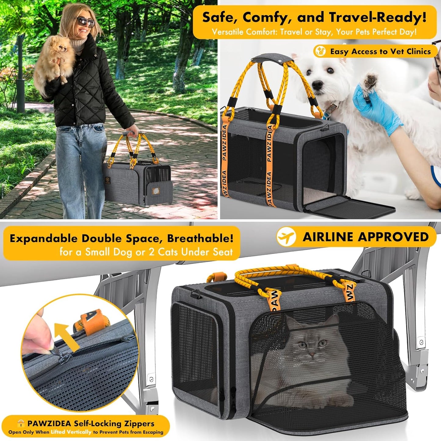 PAWZIDEA Expandable Pet Carrier Airline Approved, 18"×11"×11" Small Dog Carriers, Collapsible Top-Load Cat Carrier for 2 Cats Under Seat, Soft-Sided Puppy & Animal Travel Bag, ID Card, Up to 15lbs