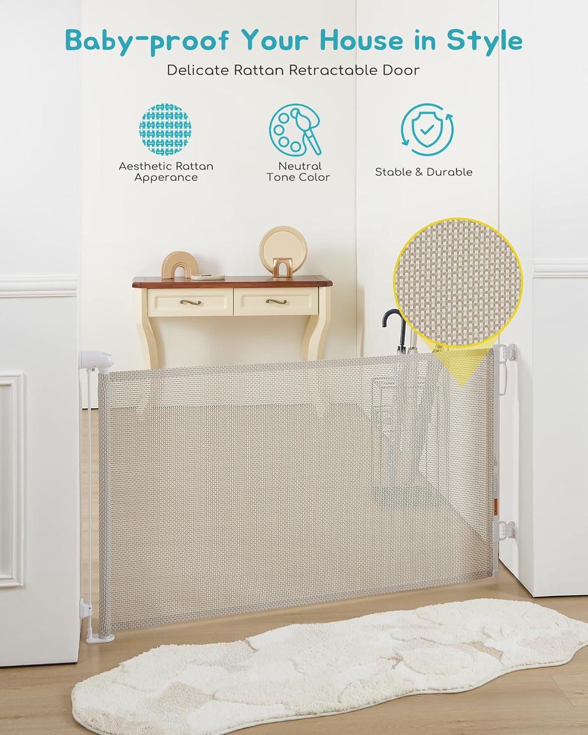 Retractable Baby Gate, Exquisite Rattan Mesh, 33" Tall, Expands to 55" Wide, Dog Gate for Stairs, Doorway, Hallway, Indoor/Outdoor Pet Fence, Walk-Through Design with No Bottom Bar, Beige