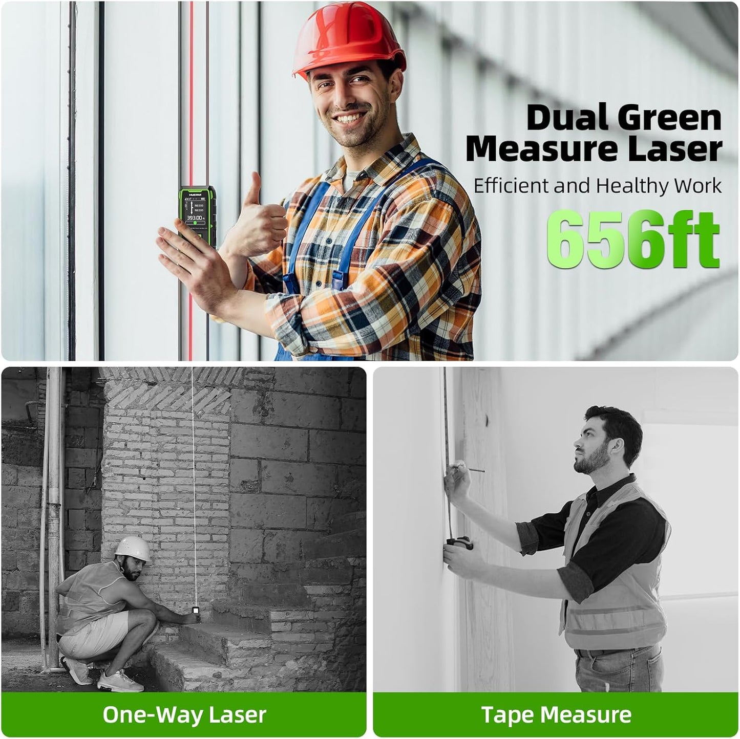 656ft/200M Dual Laser Distance Measuring Tool, Huepar Professional Rechargeable Digital Laser Room Measure Devices, Bilateral Metro Laser Measurement Tool with with Angle Sensor, Magnetic Back
