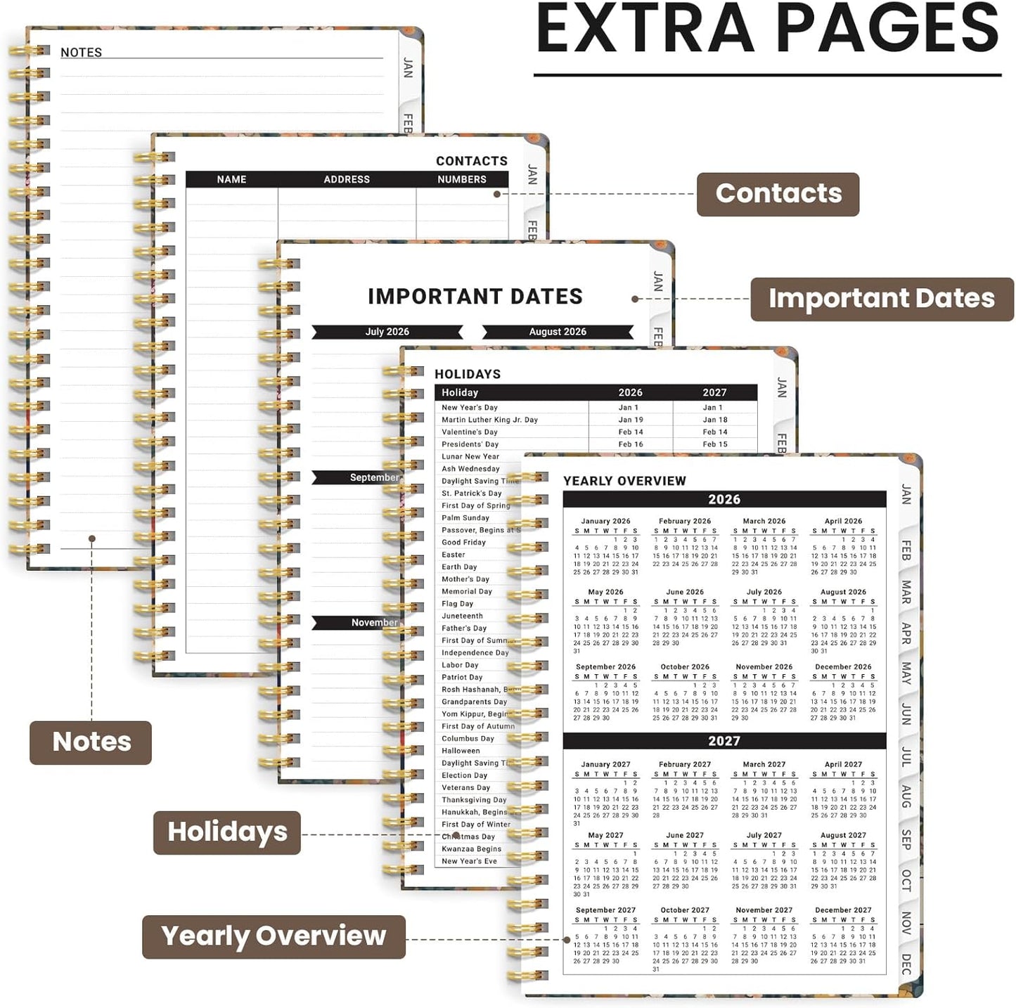 2026 Planner, Weekly and Monthly Planner for Women, January 2026 - December 2026, Hardcover 2026 Calendar Planner Book with Tabs, Inner Pocket, Spiral Bound, Perfect for Office Home School Supplies -A5 (6.3" x 8.5), Petals