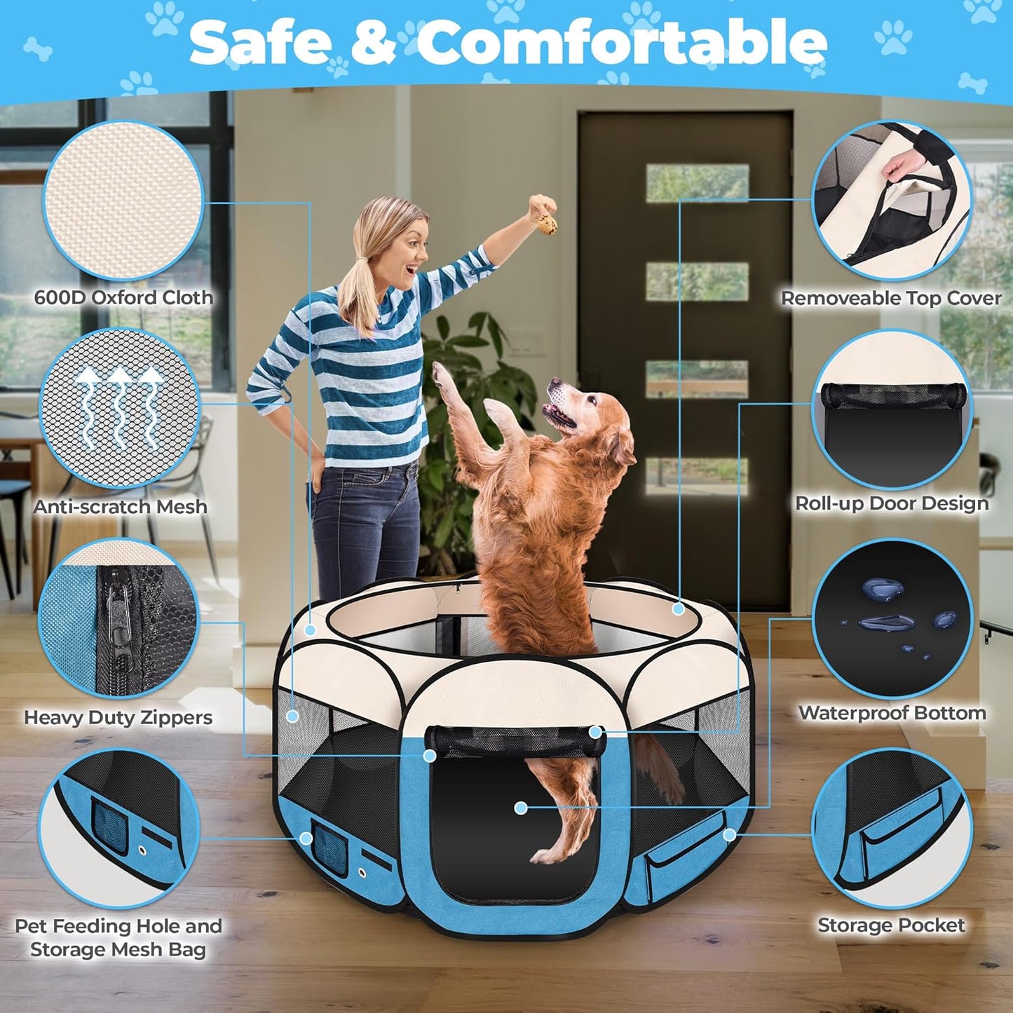 Dog Playpen 45", HOMAGICO Pet Playpen for Indoor Cats Enclosed, Portable Dog Cage Outdoor Tent Crate with Carrying Case, Water-Resistant and Removable Shade Cover, Blue