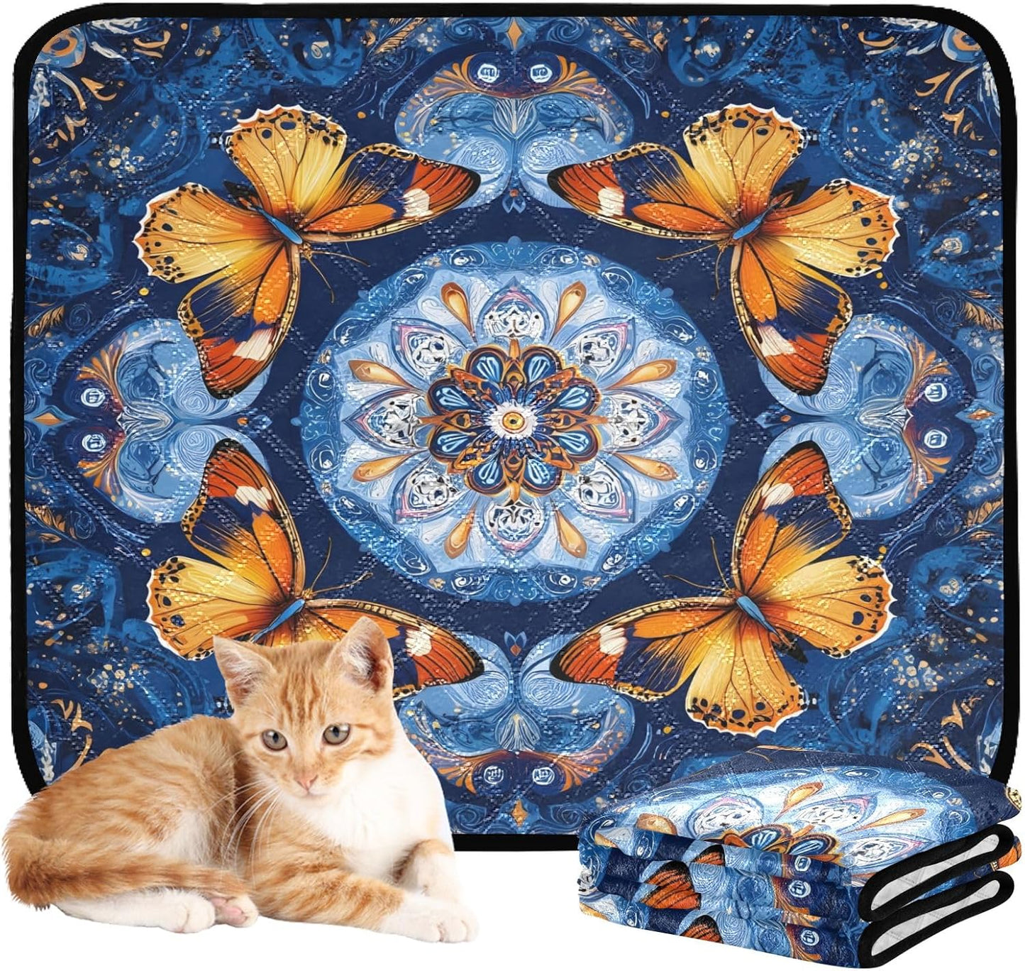 Washable Pee Pads for Pets Yellow Butterfly Blue Mandala Reusable Cats and Dogs Mats