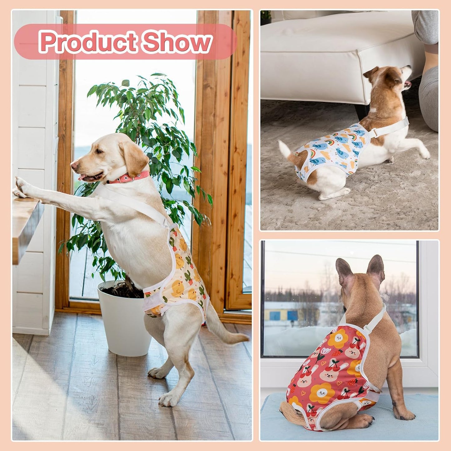 MICOOYO Dog Diaper Onesie Sanitary Pantie with Adjustable Suspender Washable Dog Period Panties Doggie Diapers Pet Underwear Female Dogs Diapers for Heat (Animals, XS/S)